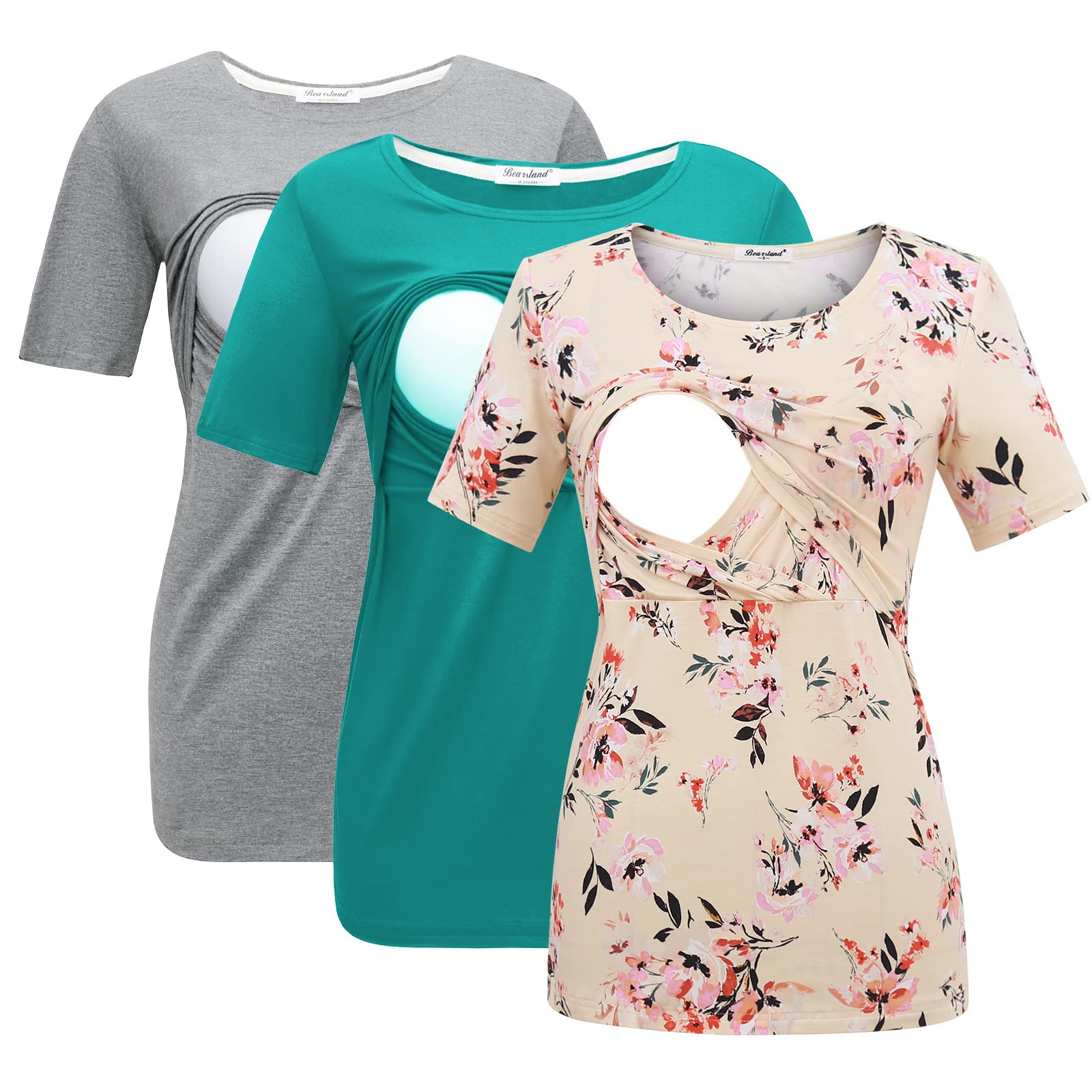 Bearsland Women's 3-Pack Maternity Nursing Tops - Soft Short Sleeve Breastfeeding Shirts for Comfortable Nursing & Everyday Wear - Perfect for Pregnancy, Postpartum & Nursing Moms