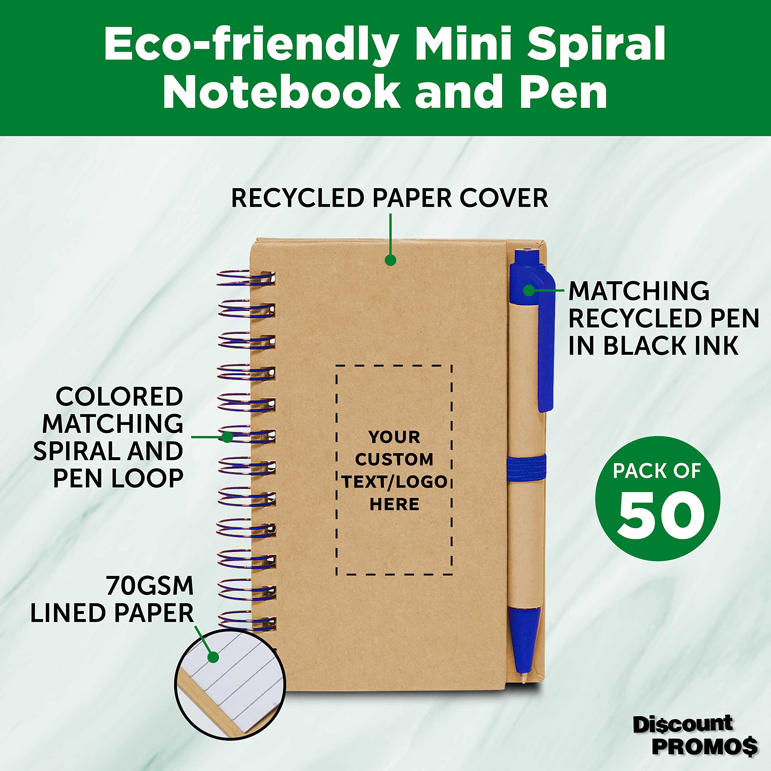 Custom Mini Spiral Notebooks with Black Ink Pens (50-Pack) - Personalized Bulk Journals for School, Office & Business Use - Blue - Perfect for Note Taking, Gifts & Daily Organization