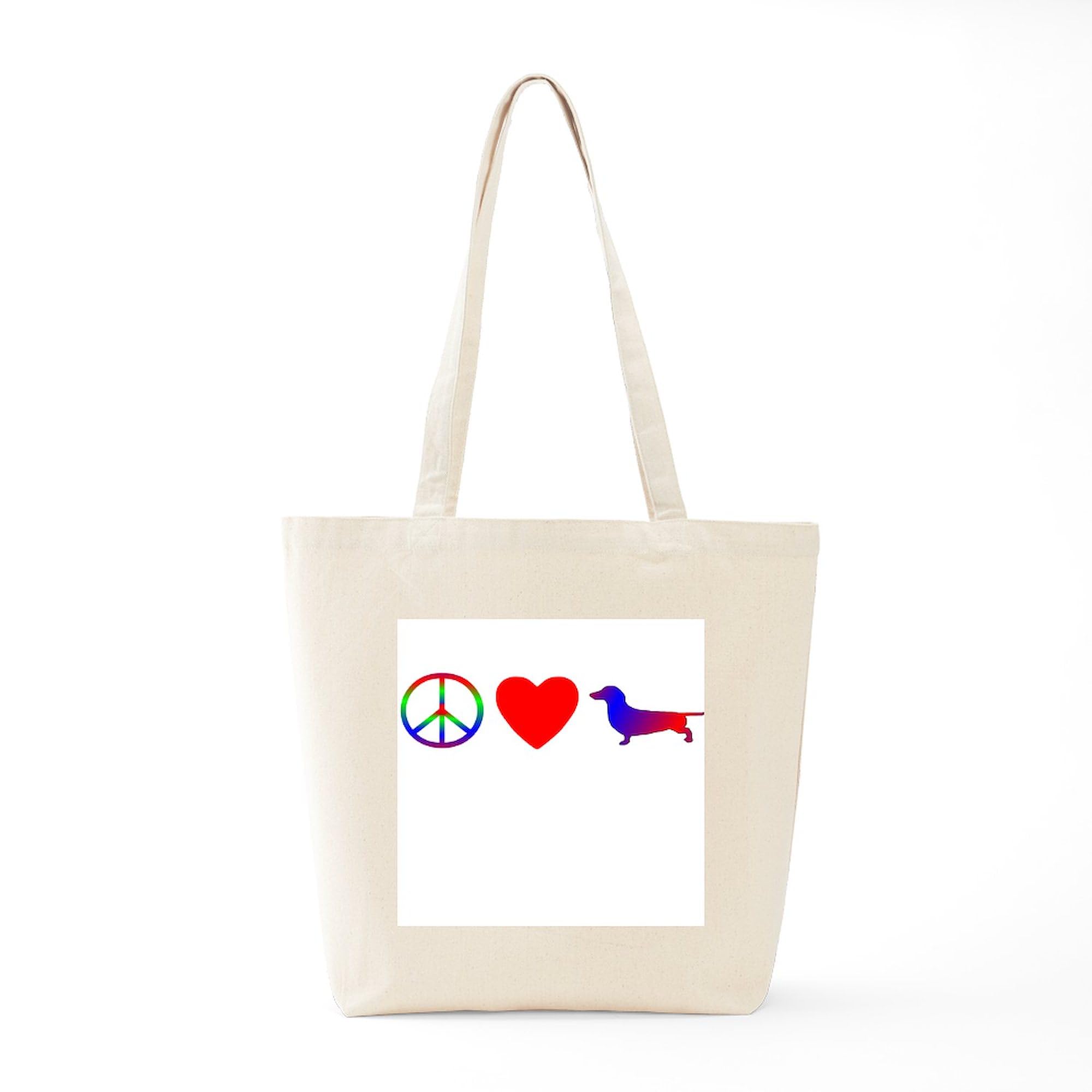 Peace, Love, Dachshund Tote Bag - Natural Canvas Reusable Shopping Bag for Groceries, Beach & Everyday Use | Eco-Friendly Cotton Tote with Dachshund Design