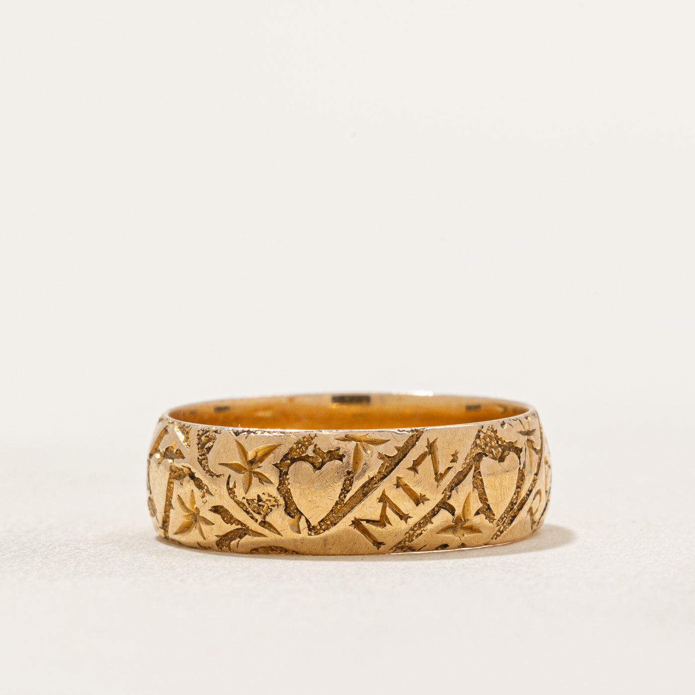 Antique 1905 Birmingham 18K Yellow Gold Mizpah Ring with Heart Motif - Size 6.25 - Vintage Jewelry for Anniversary, Engagement & Romantic Gifts