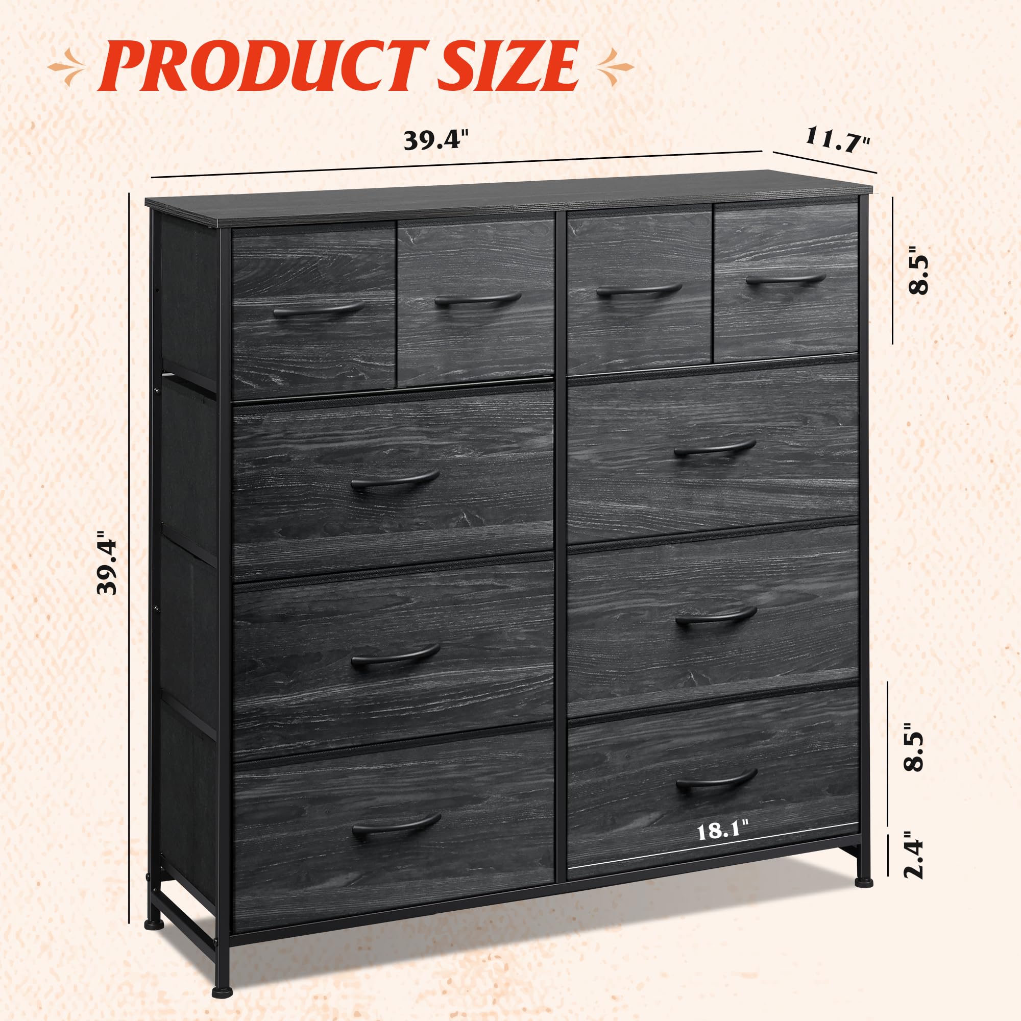 WLIVE 10-Drawer Fabric Dresser for Bedroom - Tall Clothing Storage Organizer with Cabinet, Metal Frame & Wooden Top - Charcoal Black Wood Grain Print - Perfect for Closet, Nursery, Dorm Room Organization