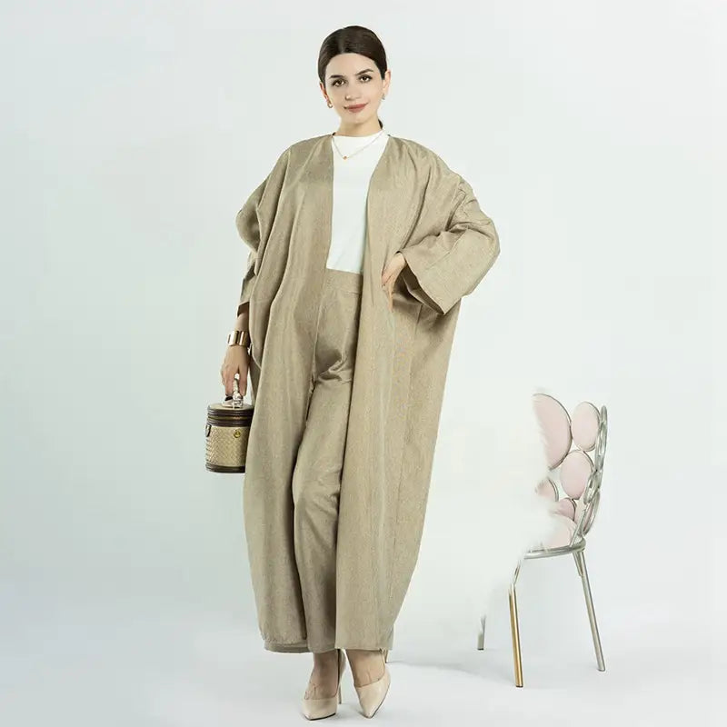 2 Piece Open Abaya with Matching Pants Set - Modest Muslim Women's Office Wear & Work Clothes | Elegant Prayer Dress for Mosque, Professional Outfit for Business, Comfortable Daily Wear