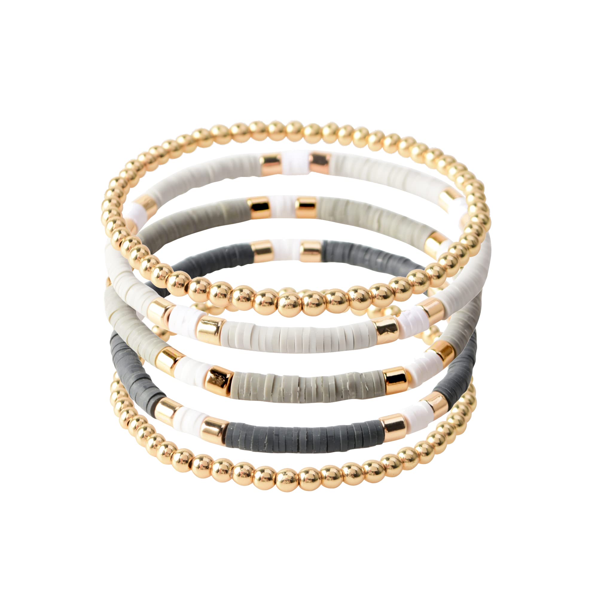 GOOJIDS Surfer Heishi Clay Bead Bracelets for Women - Bohemian Stackable Gold Beaded Stretch Bracelets - Elastic Layering Friendship Bracelets Set - Boho Jewelry for Beach, Festival & Everyday Wear