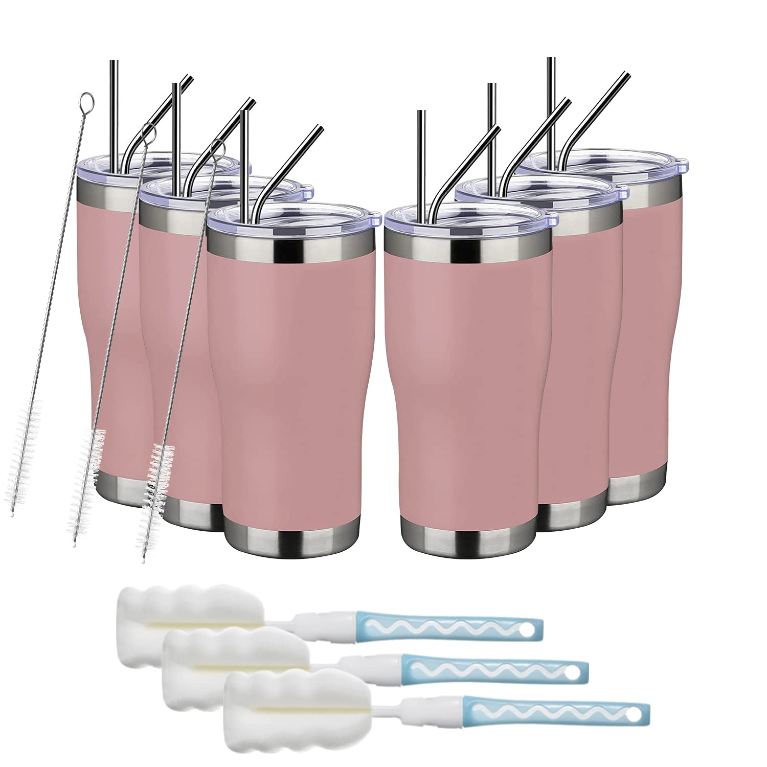 MEWAY 20oz Stainless Steel Tumblers 6 Pack - Vacuum Insulated Coffee Cups with Lids, Double Wall Powder Coated Travel Mugs - Keeps Drinks Hot & Cold for 12+ Hours - Perfect for Office, Gym, Camping & Road Trips (Pink, Set of 6)