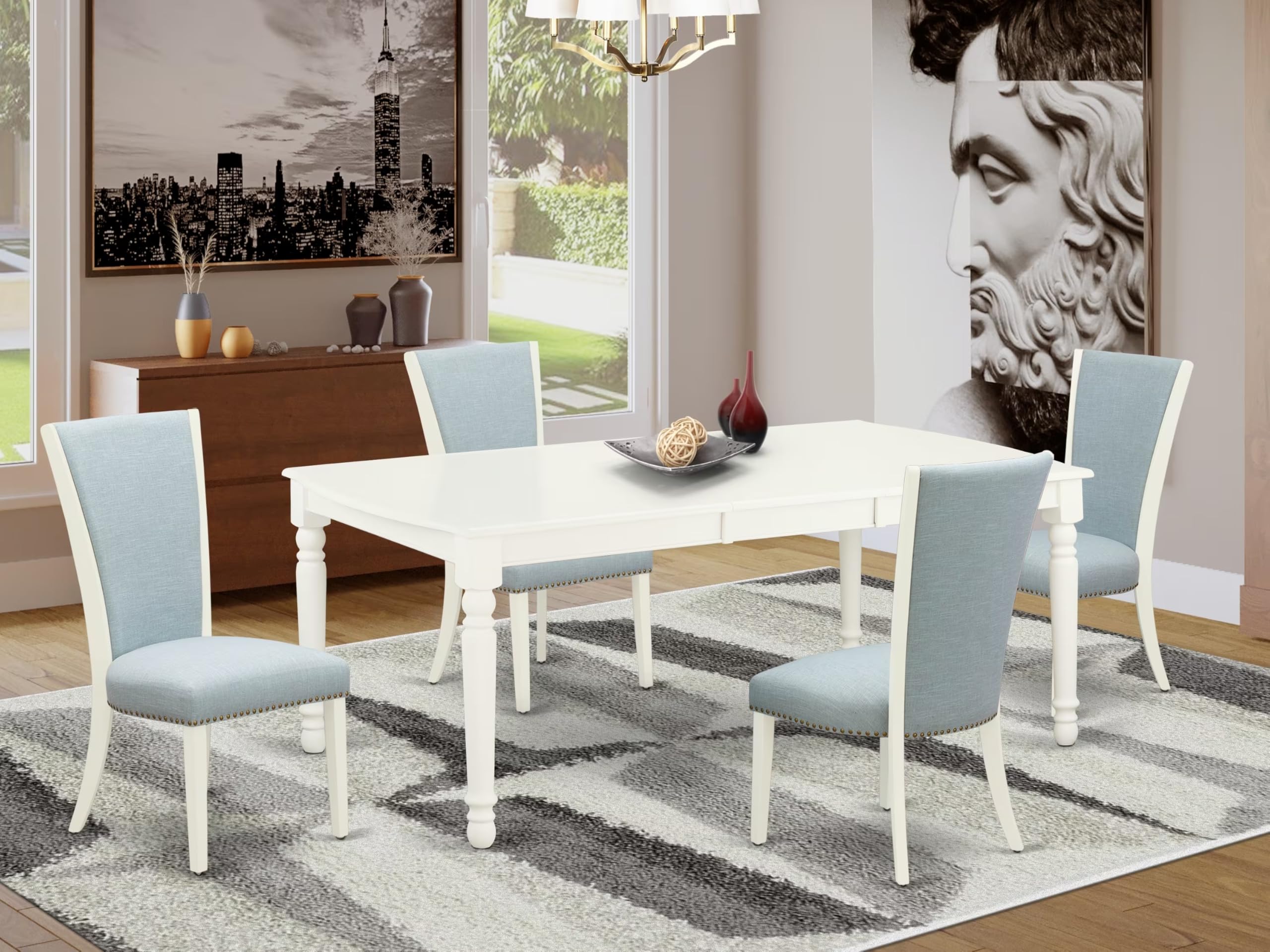 East West Furniture 5-Piece Dining Table Set with Butterfly Leaf & 4 Upholstered Chairs - 42x78 Inch Rectangle Kitchen Table in Linen White & Baby Blue - Perfect for Small Spaces, Breakfast Nooks & Cozy Family Meals
