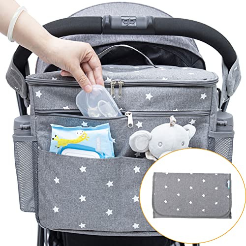 Orzbow XL Stroller Organizer with Diaper Changing Pad - Waterproof Large Baby Diaper Bag with Cup Holder & Adjustable Shoulder Strap - Perfect for Strollers, Mom Handbags, Shoulder Bags & Backpacks (Grey) - Ideal for Diaper Changes, On-the-Go Parents & Baby Essentials Storage