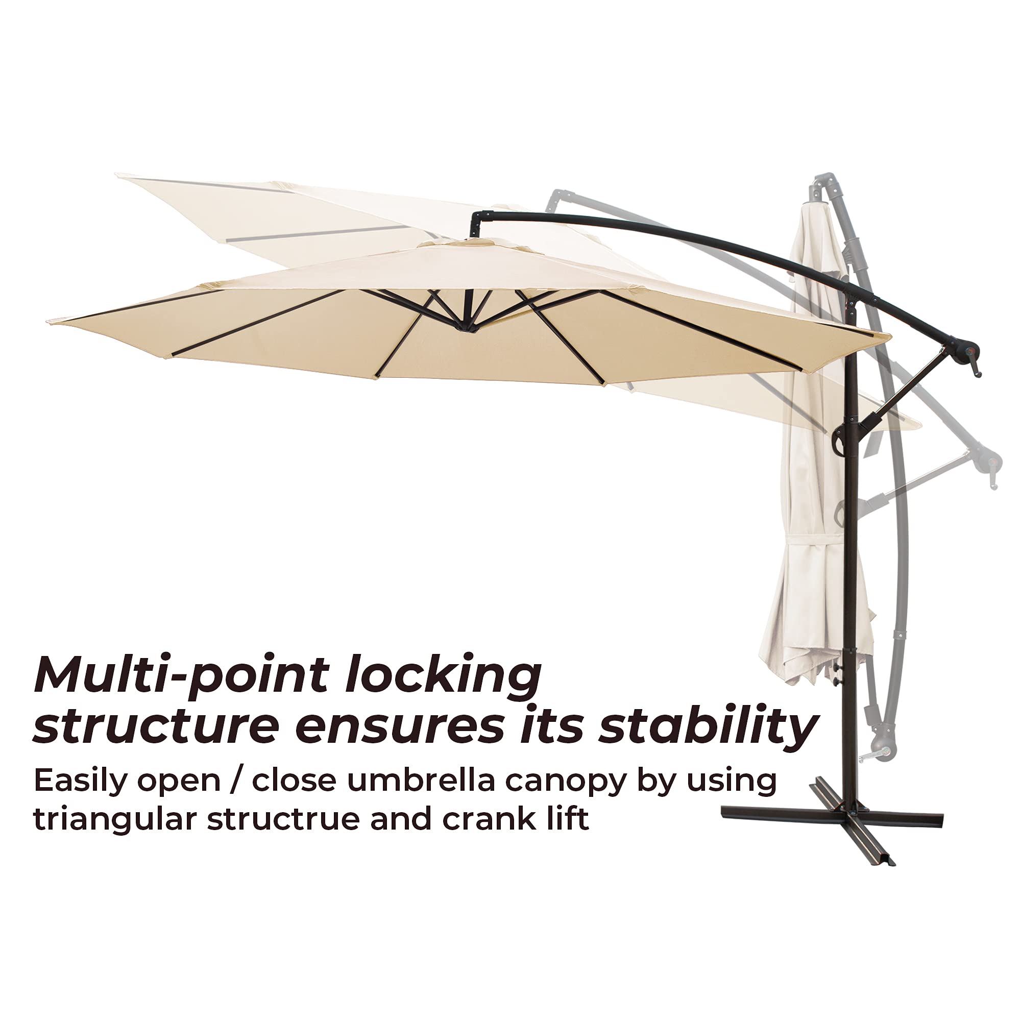 10FT Offset Cantilever Patio Umbrella with Crank & Cross Base - Beige Outdoor Hanging Market Umbrella for Backyard, Poolside, Lawn, Garden, and Patio Furniture Shade