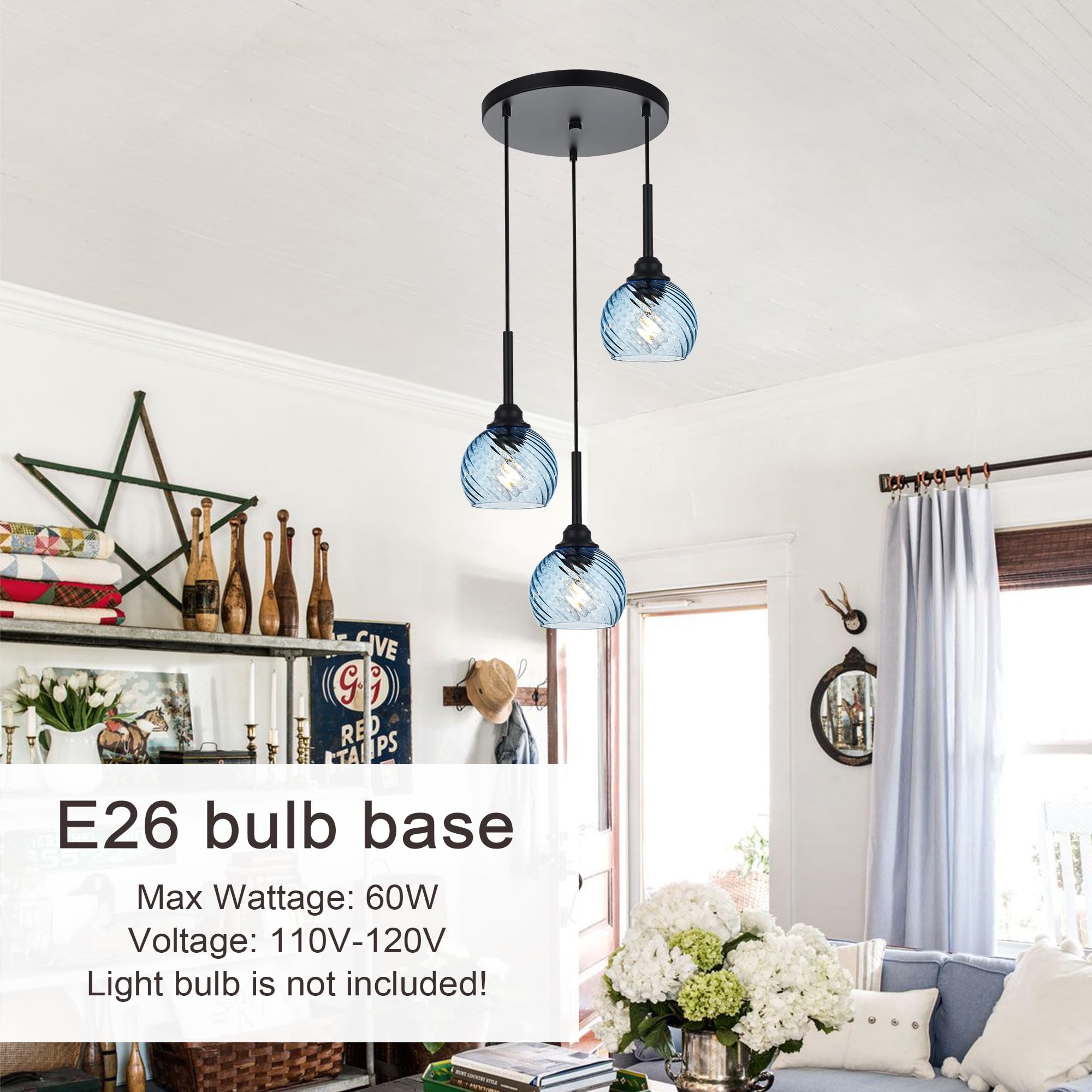 Modern Blue Striped Swirl Glass 3-Light Pendant Lighting for Kitchen Island & Dining Room - Cluster Hanging Ceiling Light with E26 Base - Perfect for Kitchen Counter, Breakfast Bar & Dining Table Ambiance