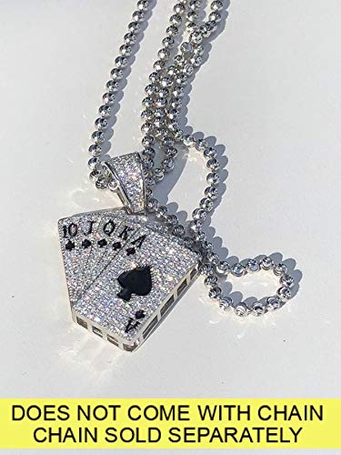 HarlemBling 925 Sterling Silver Iced Ace of Spades Pendant Necklace for Men - Lucky Royal Flush Charm - Perfect for Hip Hop Jewelry & Casino Night Outfits