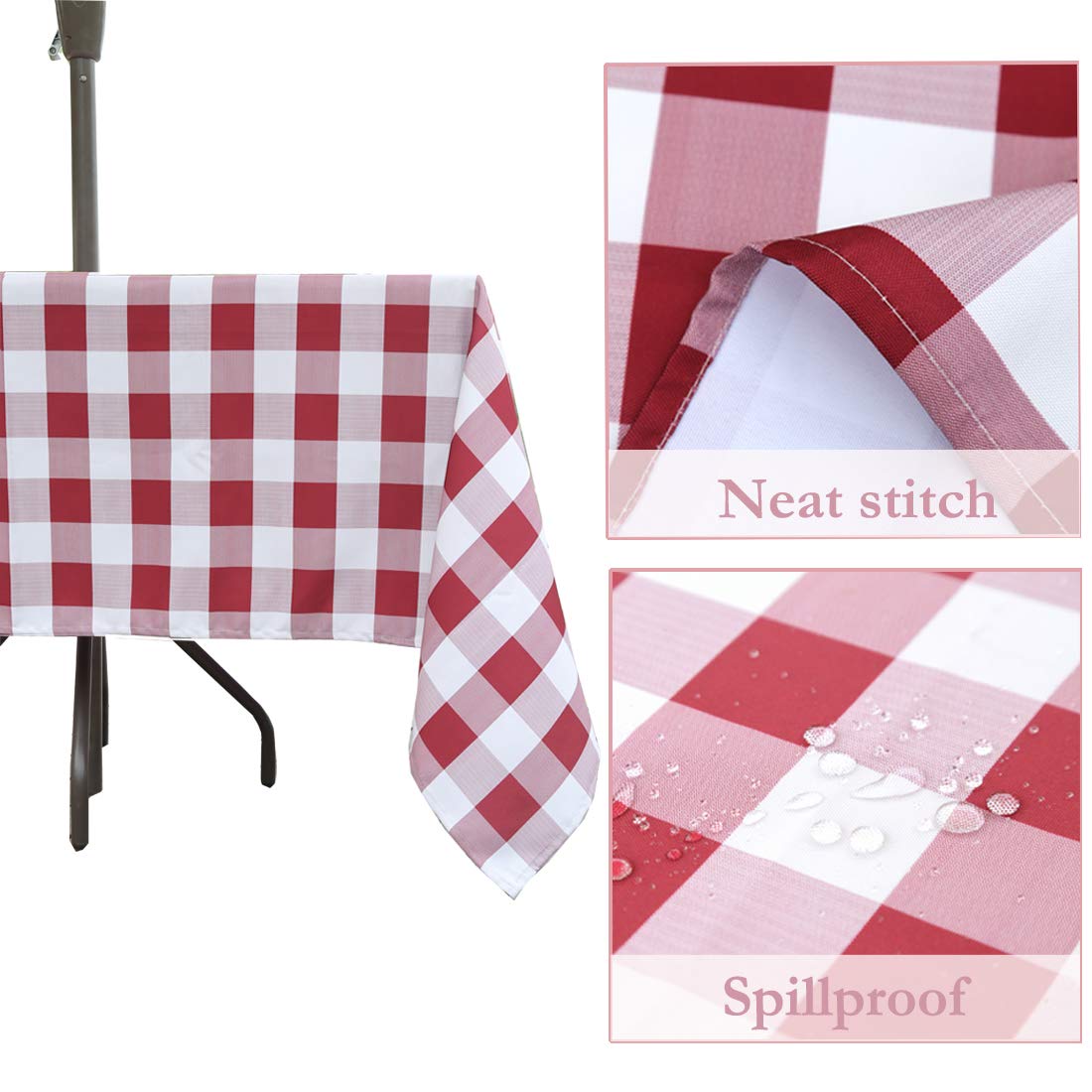 52” Burgundy Red Check Outdoor Round Tablecloth with Umbrella Hole Zipper - Waterproof Picnic Table Cover for Spring Summer Patio, Garden, and Backyard Dining