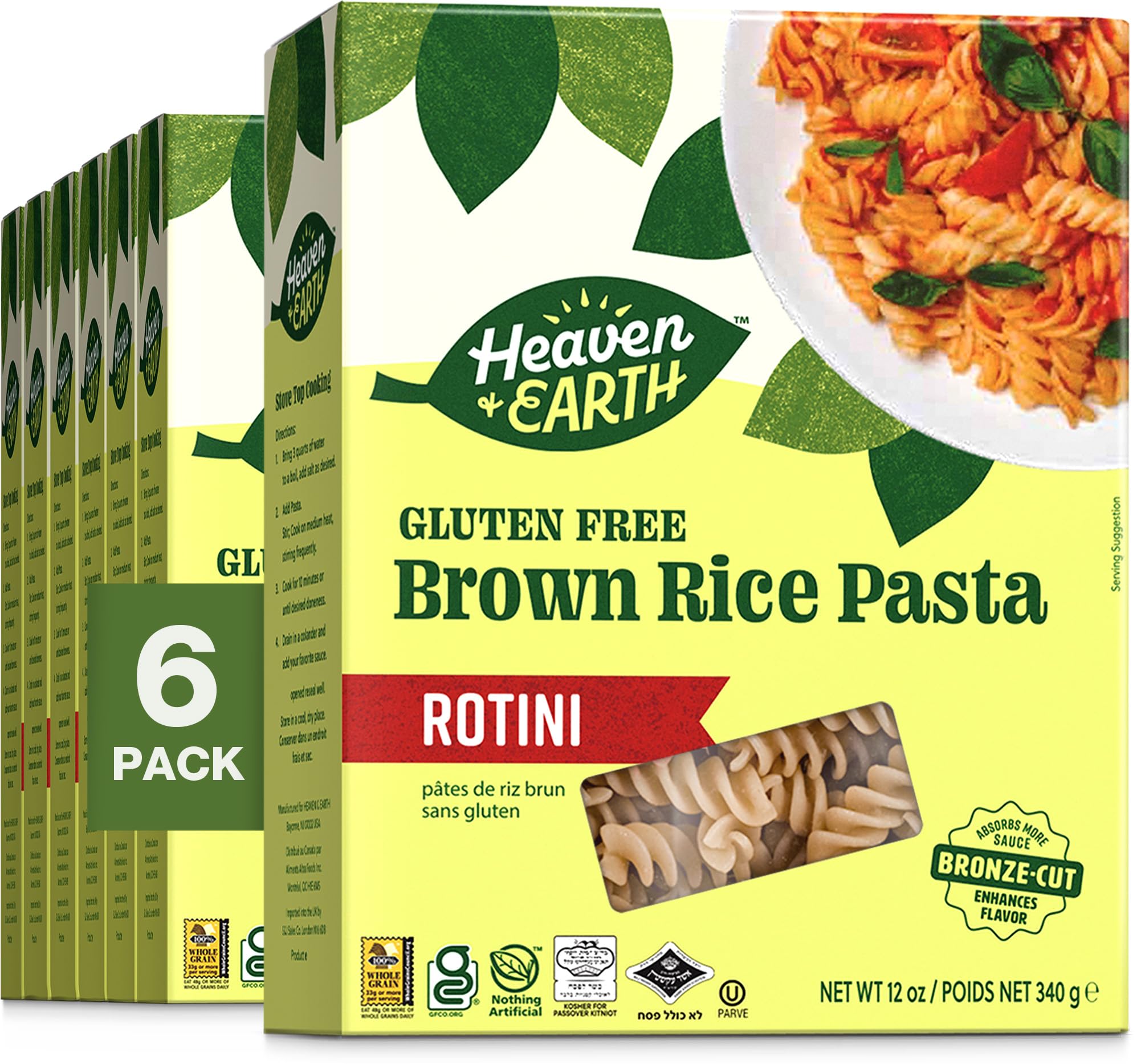 Heaven & Earth Brown Rice Pasta - Gluten Free Rotini, 12oz (6 Pack) | Whole Grain Pasta | Vegan & Non-GMO | Perfect for Pasta Salads, Mac & Cheese, and Healthy Family Dinners