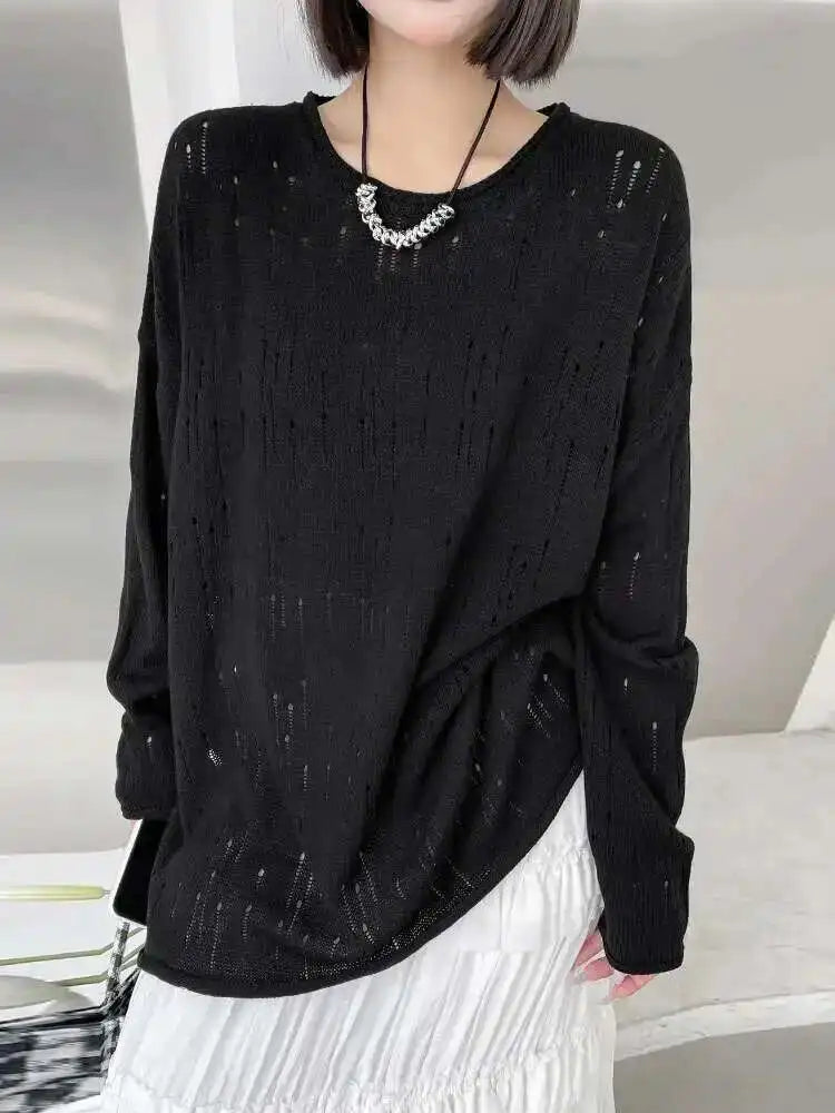 Black Hollow Out Oversized Knit Sweater for Women - Round Neck Long Sleeve Pullover | 2025 New Fashion Spring Autumn Casual Wear | Perfect for Office, Dating & Weekend Outfits (Style 1DJ0057)