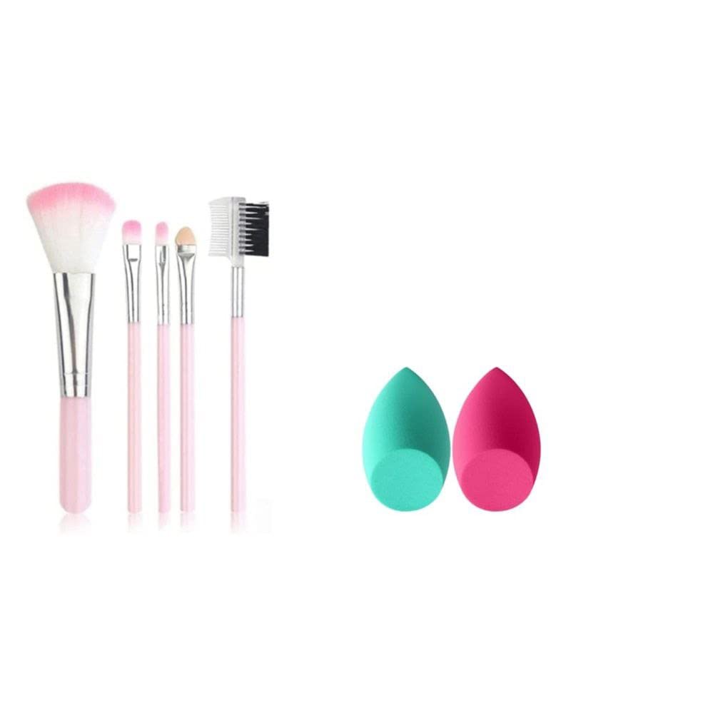 5-Piece Pink Makeup Brush Set with 2 Multicolor Beauty Blenders - Soft Bristle Cosmetic Brushes for Women & Girls (7-Piece Kit) - Perfect for Foundation, Contouring & Everyday Makeup Application