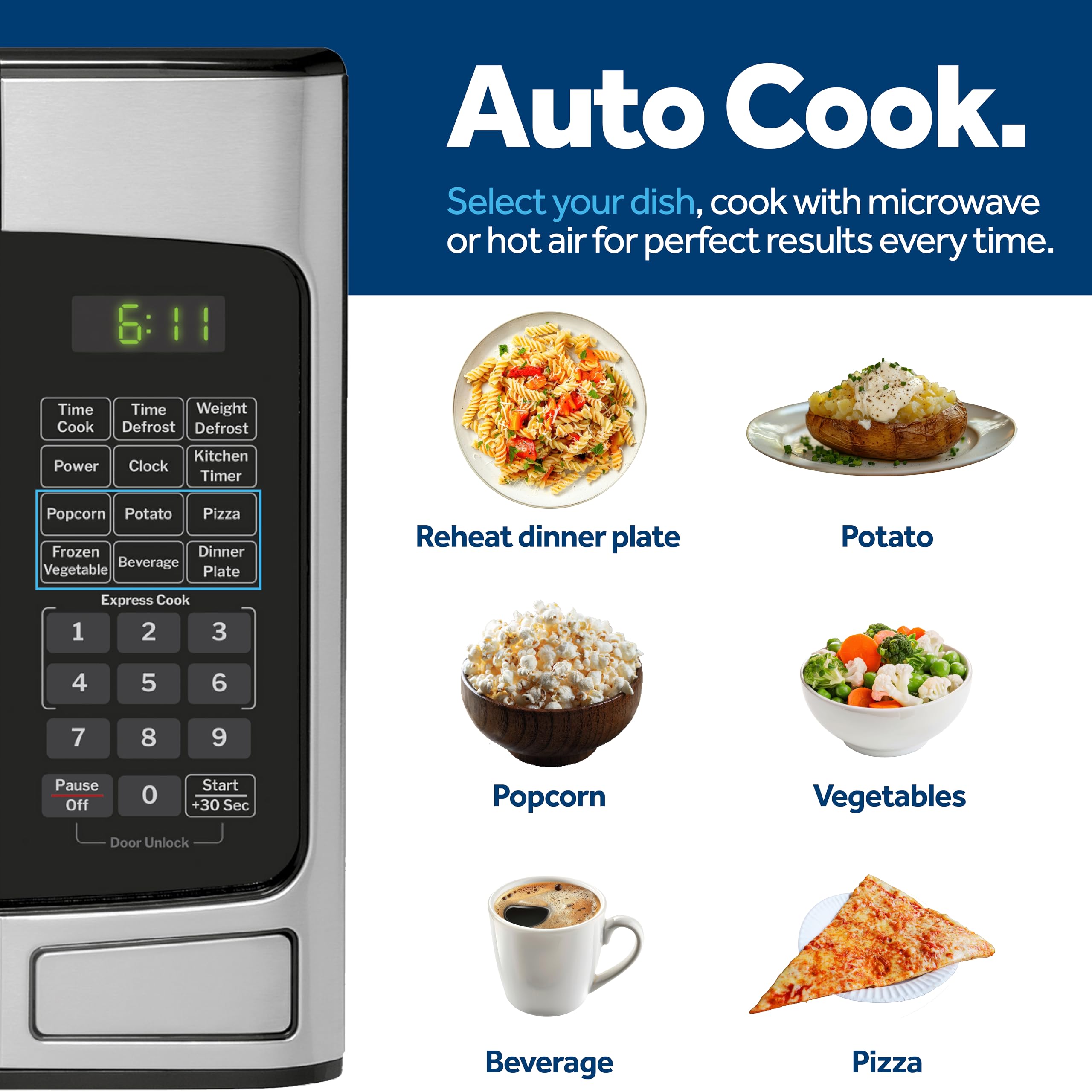 GE GCST11X1WSS 950-Watt Stainless Steel Countertop Microwave Oven with 6 Auto Cooking Settings & Child-Lock - Perfect for Small Kitchens, Dorms, Apartments & Office Break Rooms (1.1 Cu. Ft)