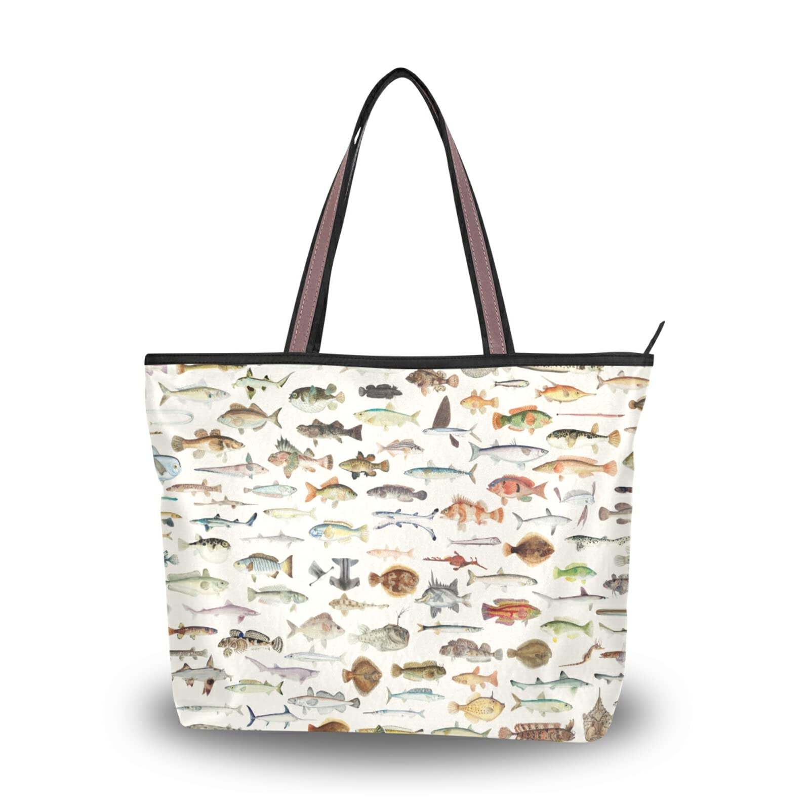 Stylish Fish Print Tote Bag for Women - Large Capacity Zipper Grocery Shopping Bag, Durable Reusable Purse for Daily Use (2 Size Options) - Perfect for Beach, Market & Work Commute