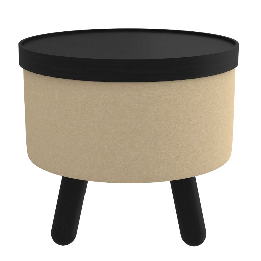Round Storage Ottoman with Tray - Beige & Black Upholstered Footrest Stool for Living Room, Bedroom & Nursery | Multi-Functional Seat with Hidden Storage Space