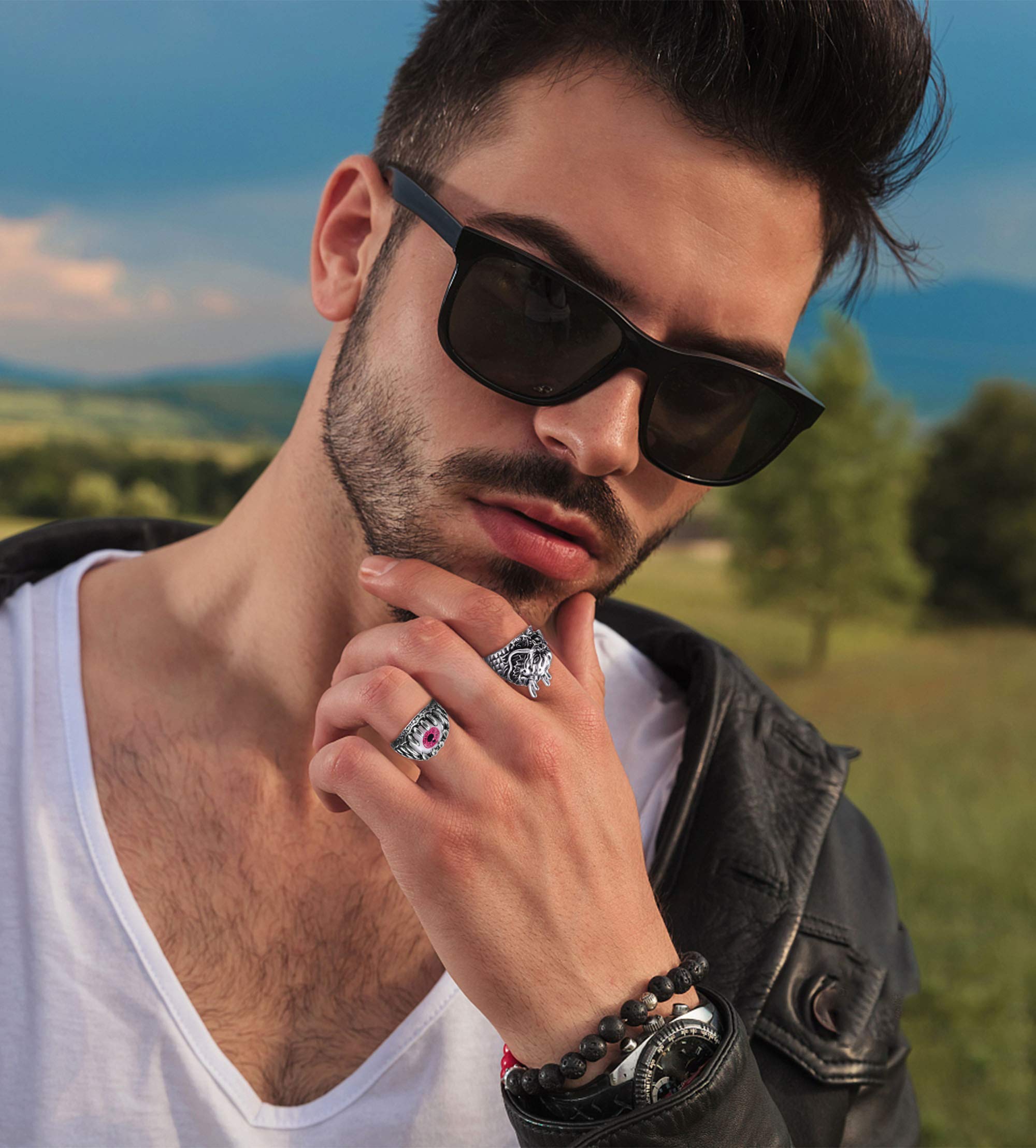 Vintage Punk Rings Set for Men & Women - 16 Piece Gothic Jewelry with Dragon, Snake, Skull & Octopus Designs - Adjustable Silver & Black Rings for Alternative Fashion, Halloween & Cosplay