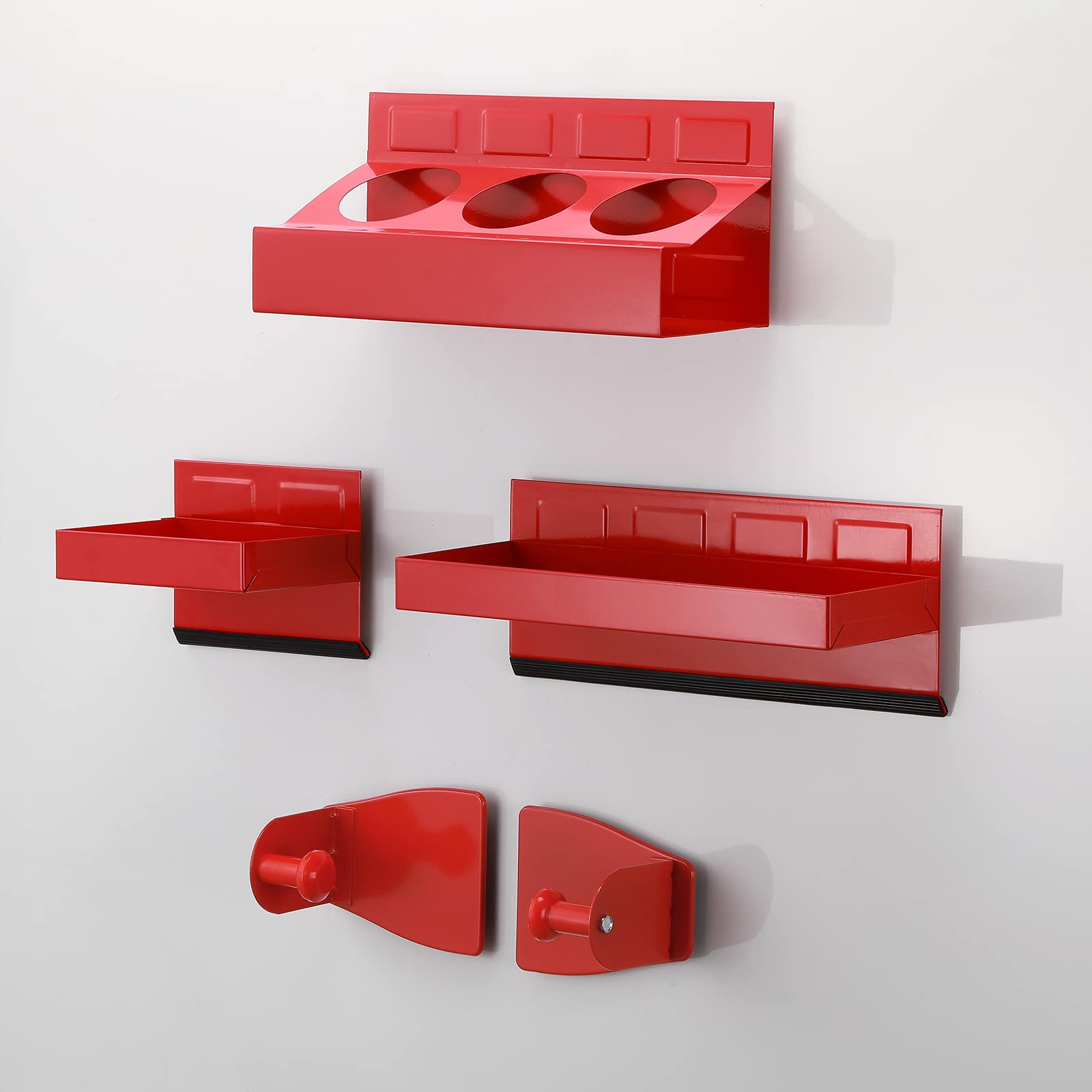 4PCS Magnetic Tool Shelf Set with Tray & Paper Towel Holder - Strong Magnet Organizer for Metal Surfaces - Red - Perfect for Garage, Workshop & DIY Projects