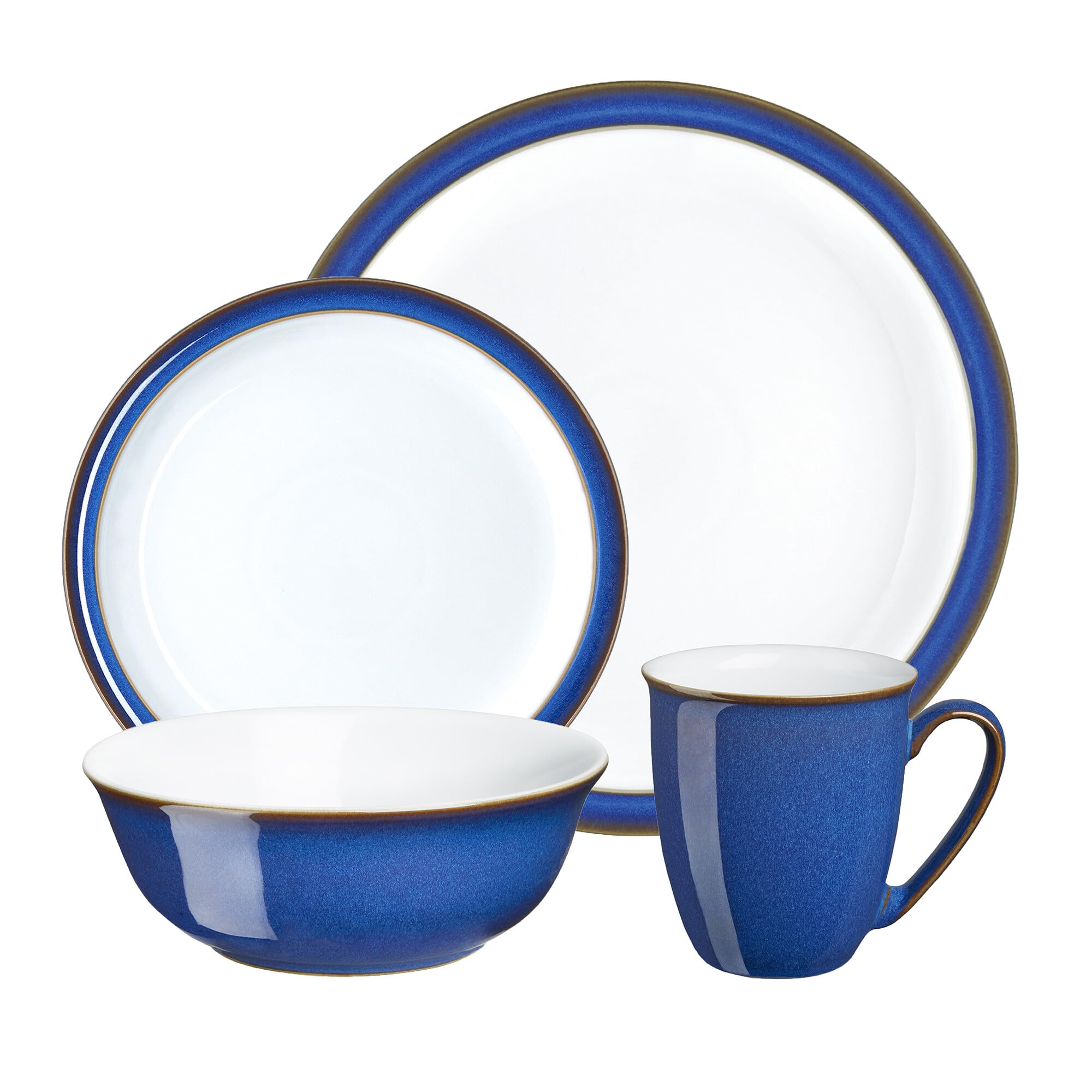 Denby Imperial Blue 16-Piece Ceramic Dinner Set - 4 Dinner Plates, 4 Side Plates, 4 Cereal Bowls & 4 Coffee Mugs - Dishwasher & Microwave Safe Tableware - Elegant Blue & White Crockery for Family Dining & Entertaining
