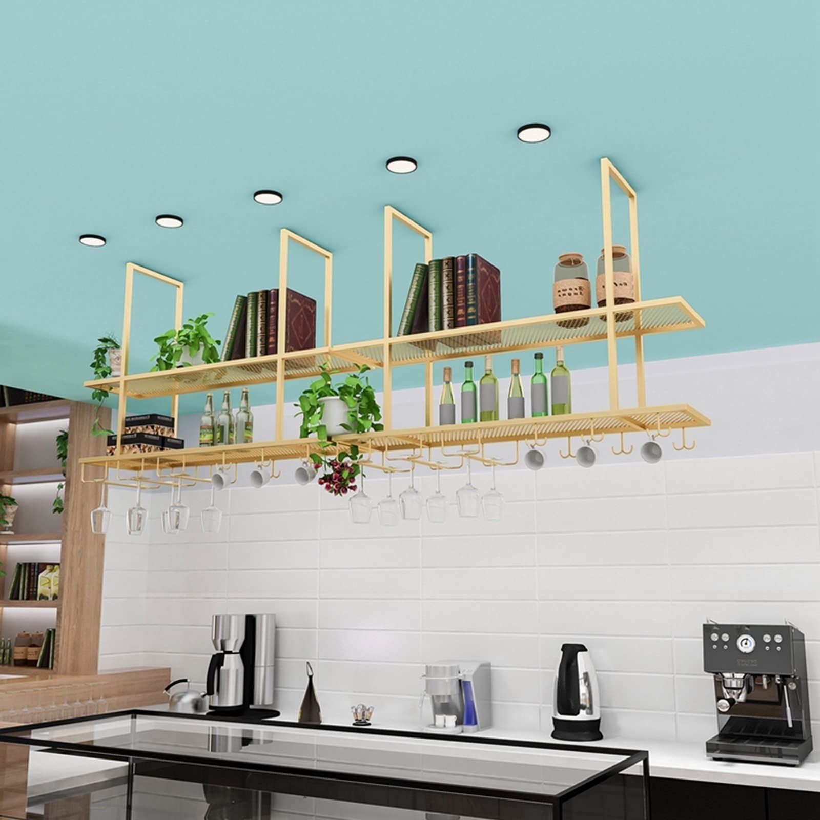 2-Tier Hanging Wine Glass Holder - Ceiling Mounted Wine Rack & Goblet Display Stand for Kitchen, Bar, Cafe - Durable Wrought Iron Floating Shelves - Perfect for Wine Storage, Cake Shop Decor & Space Saving Organization