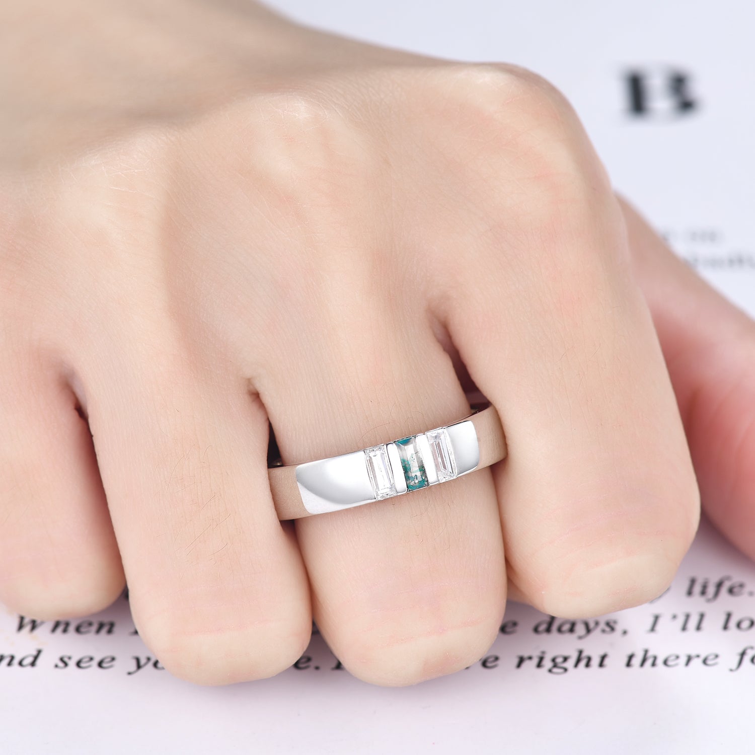 Men's Moss Agate White Gold Wedding Band - 3 Stone Baguette Cut 5mm Ring for Engagement, Anniversary & Special Occasions