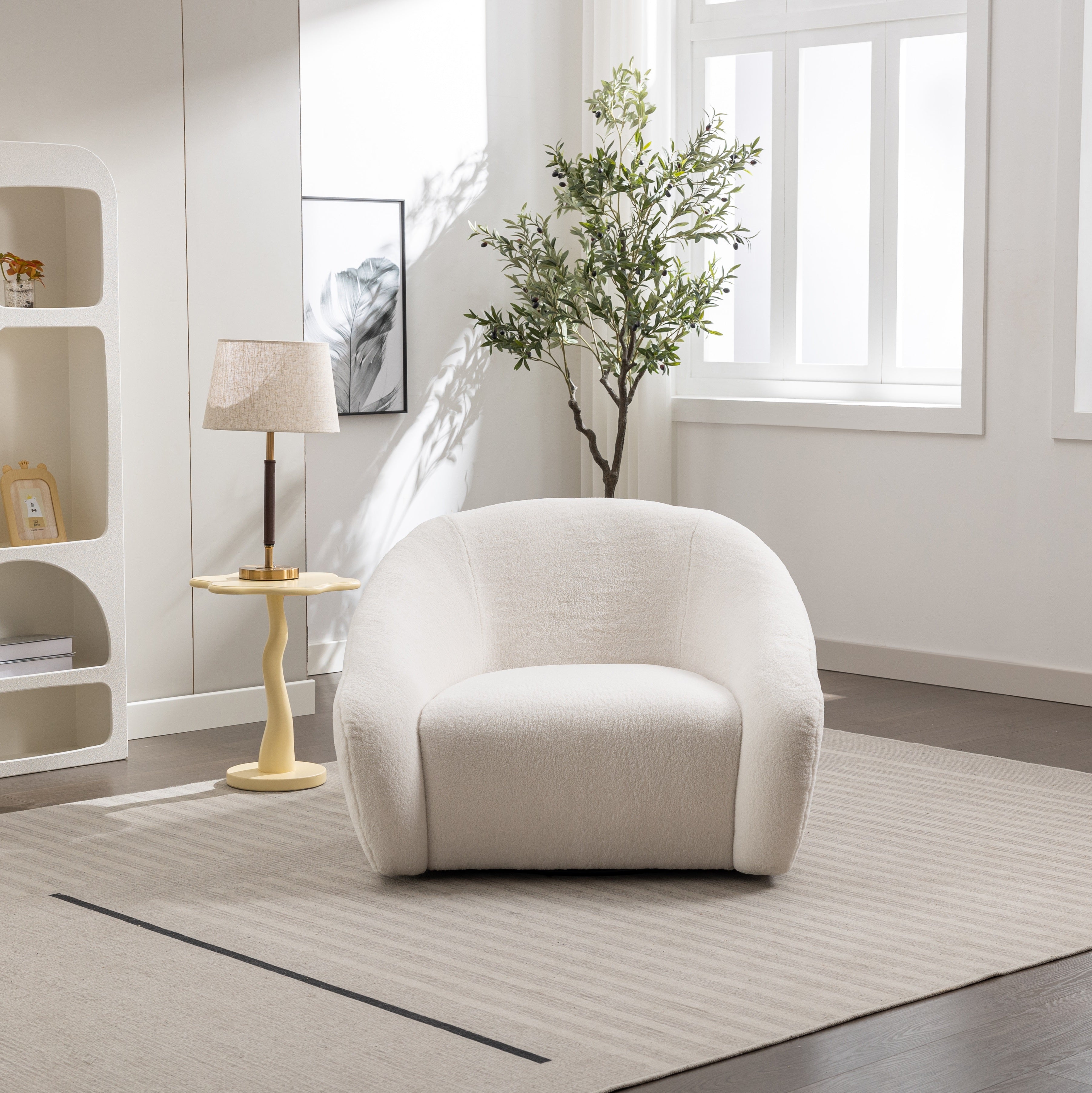 Roundhill Furniture Luzern Modern Boucle Upholstered Accent Chair - 360° Swivel Lounge Chair for Living Room, Bedroom & Office - Soft Fabric Contemporary Seating with Rotating Base