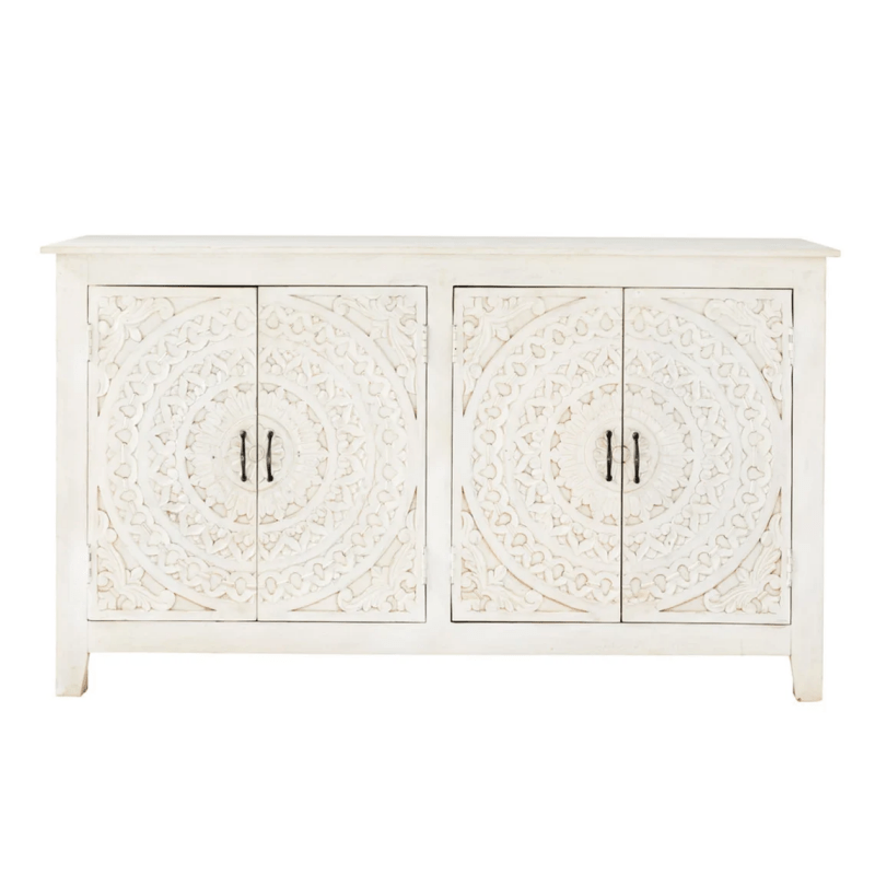 Hand Carved White Solid Wood Four Door Sideboard Buffet Cabinet - Elegant Dining Room Storage for China, Silverware & Linens