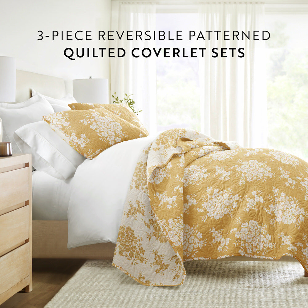 Distressed Bouquet Reversible Quilted Coverlet Set - Queen Size Bedding with Floral Design for Cozy Farmhouse Bedroom Decor