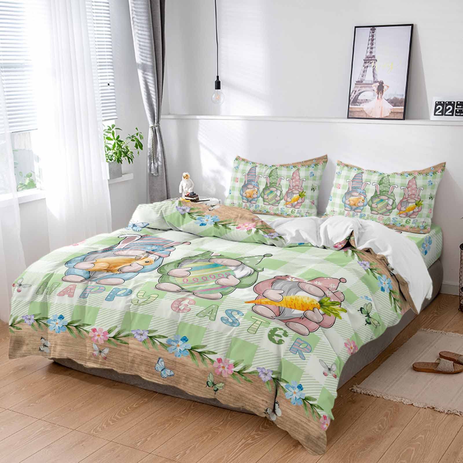 Gnome Easter Duvet Cover Set - 4 Piece Twin Size with 2 Pillow Shams | Bunny, Carrot & Floral Green Plaid Design | Microfiber Bedding for All Seasons | Perfect for Spring Decor, Guest Room & Cozy Farmhouse Bedroom