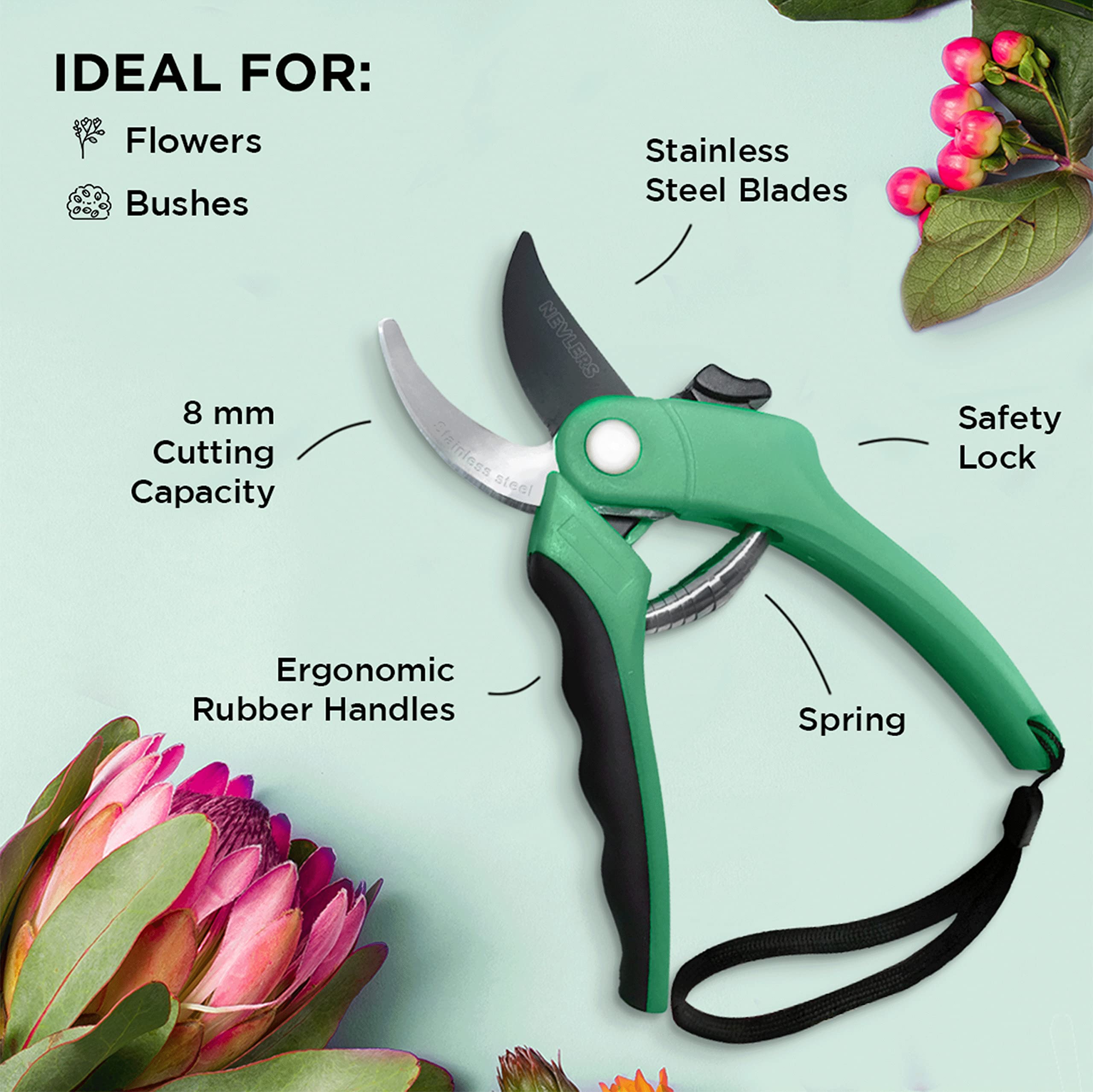 Nevlers 8 Inch Green Bypass Pruning Shears - Stainless Steel Garden Shears with 8mm Cut Capacity | Ergonomic Hand Pruners for Trimming Plants, Flowers & Shrubs | Perfect Gardening Tools for Men & Women | Ideal for Home Garden, Landscaping & Outdoor Use