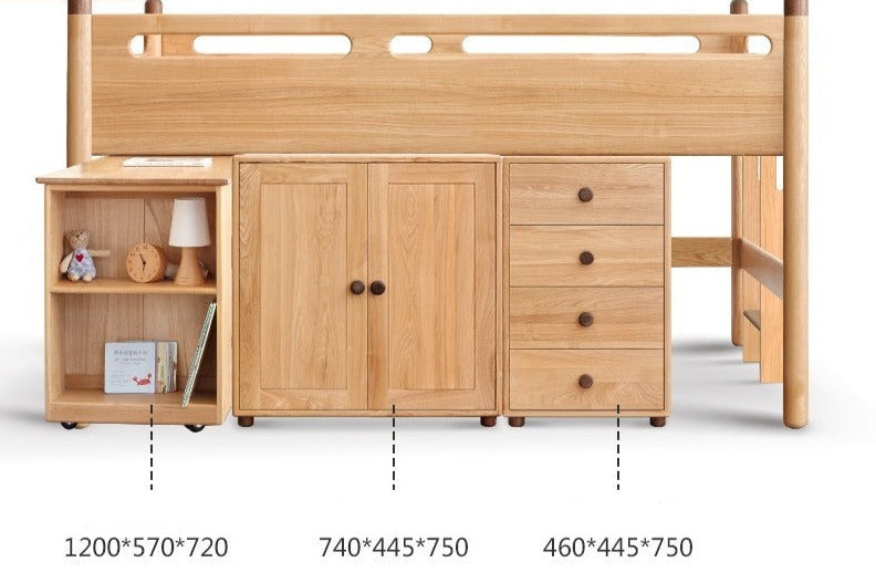 Solid Oak Wood Mid-High Bed with Slanted Ladder - Sturdy Adult Loft Bed for Small Spaces, Dorm Rooms & Modern Apartments