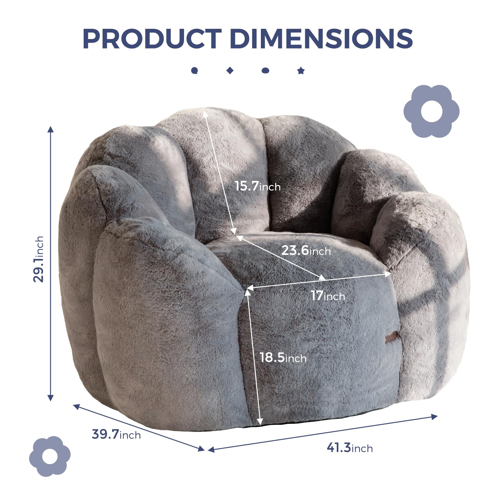 MAXYOYO Floral Bean Bag Chair - Ultra Soft Faux Fur Petal Back Sofa for Adults, Single Size Dark Grey - Perfect for Living Room, Bedroom & Game Room Relaxation