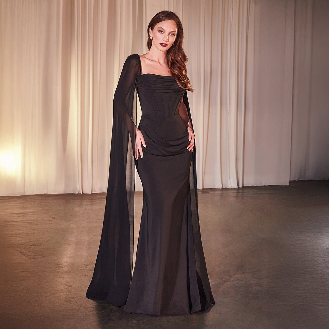 Elegant Black Chiffon Prom Dress with Cape Sleeves - Ladivine by Cinderella Divine | Perfect for Homecoming, Formal Dances & Special Occasions