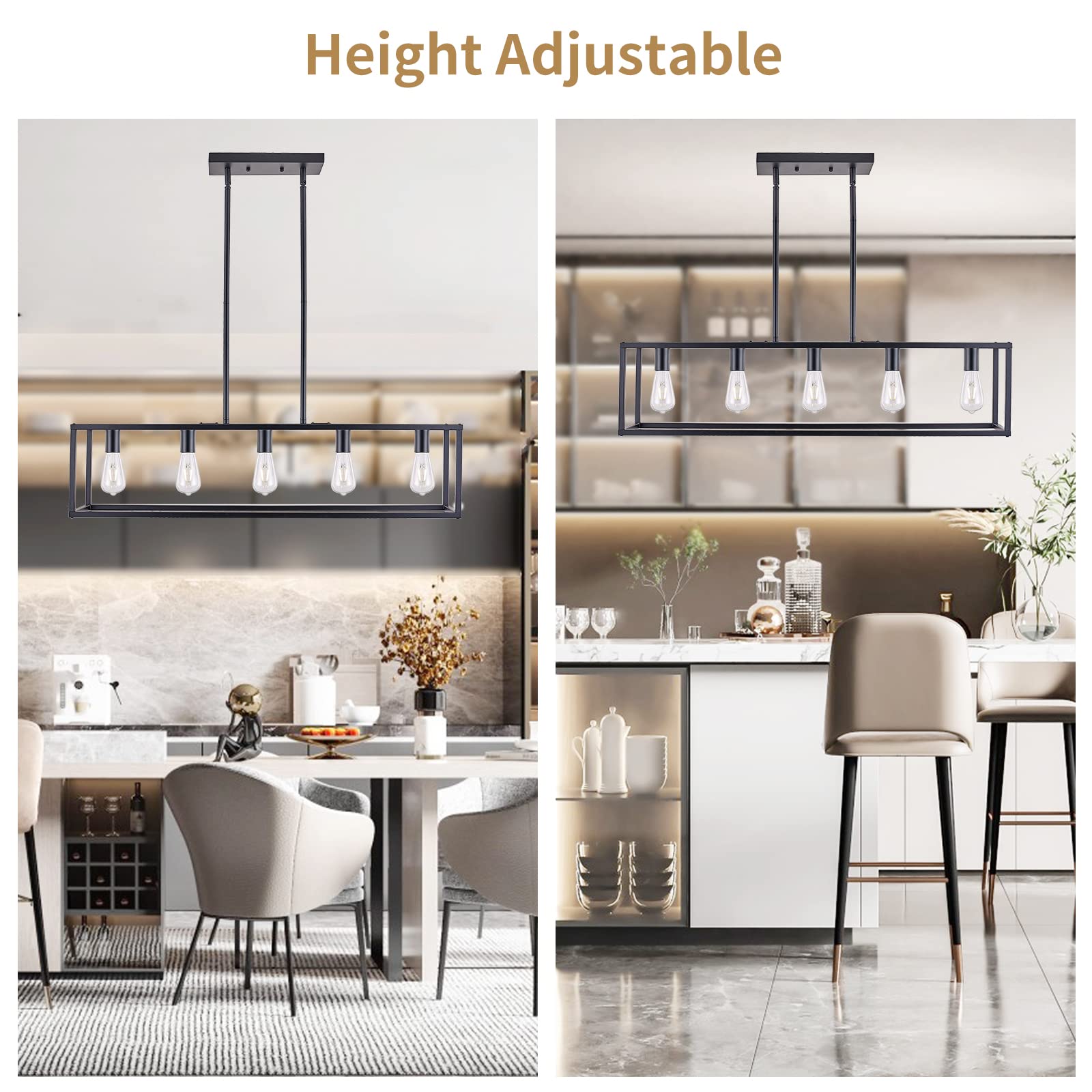 Farmhouse Rectangle Chandelier - Matte Black 5-Light Industrial Pendant Lighting for Dining Room & Kitchen | Rustic Ceiling Light Fixture Perfect for Farmhouse, Industrial & Modern Decor
