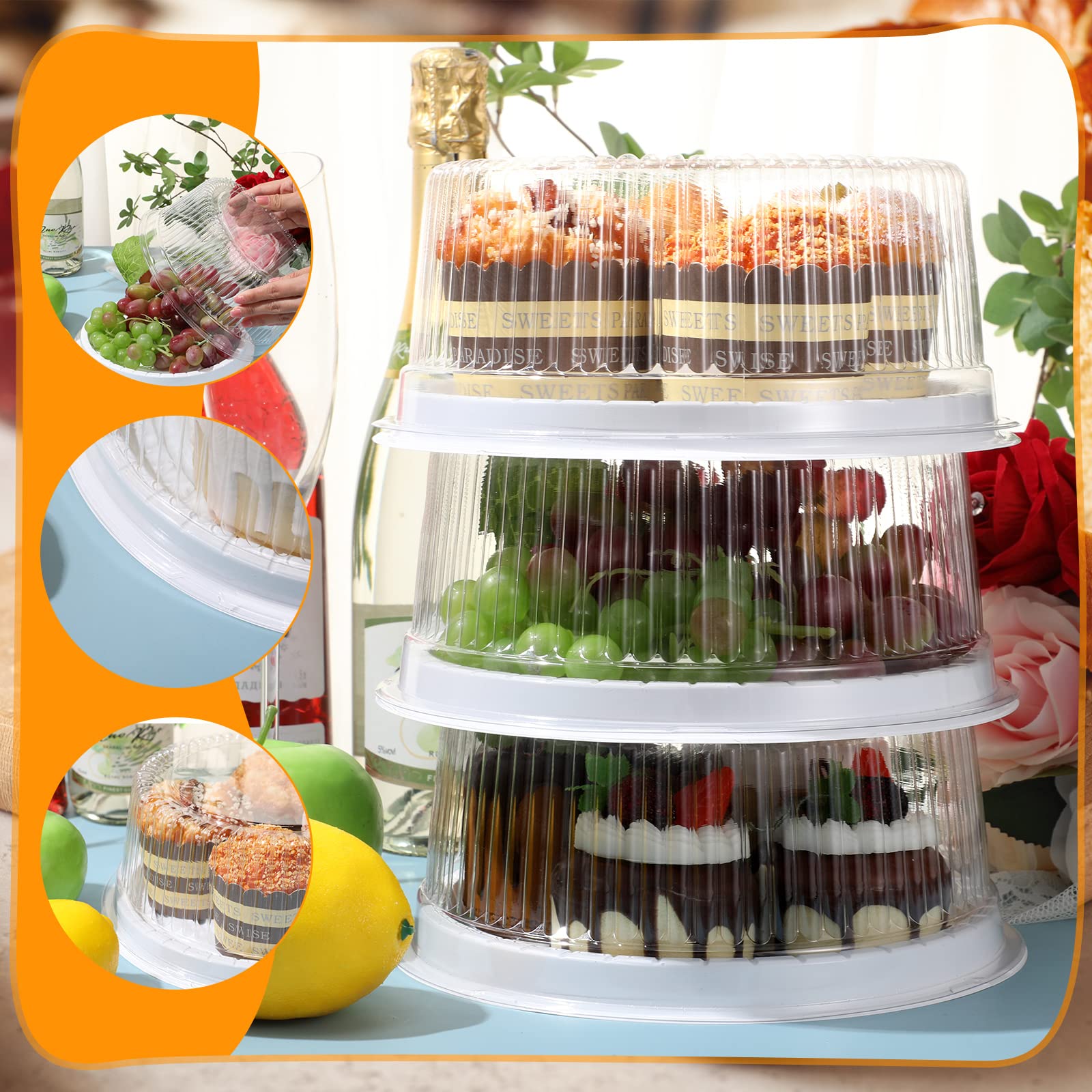 24-Piece 8-Inch Disposable Plastic Cake Containers with Clear Lids - Round Serving Trays for Party Food, Takeout, Catering & Dessert Display (White) - Perfect for Birthday Parties, Weddings, Bakery Storage & Food Presentation