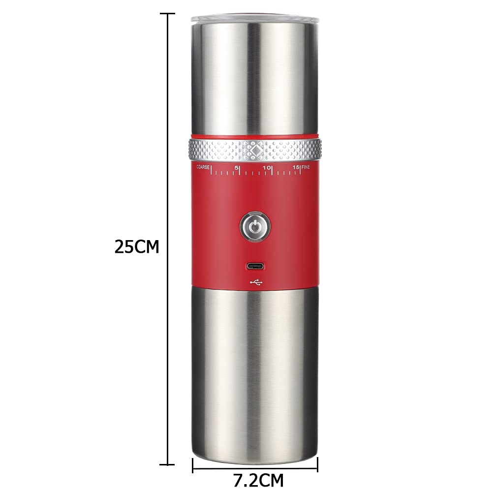 Premium Portable Electric Conical Burr Coffee Grinder - USB Rechargeable Stainless Steel Spice & Bean Grinder with 15 Adjustable Settings (Red) - Perfect for Home, Office & Travel Coffee Brewing