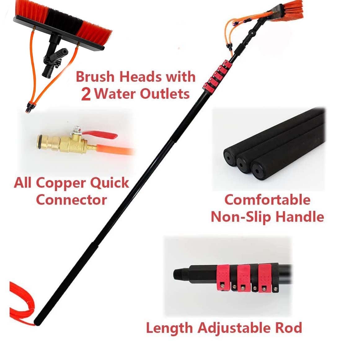 Extendable Water Spray Pole Brush - 20FT/6M Telescopic Window Washing Tool with Dual Water Outlets for Glass, Roof & Solar Panel Cleaning | Perfect for High Windows, Skylights & Photovoltaic Maintenance