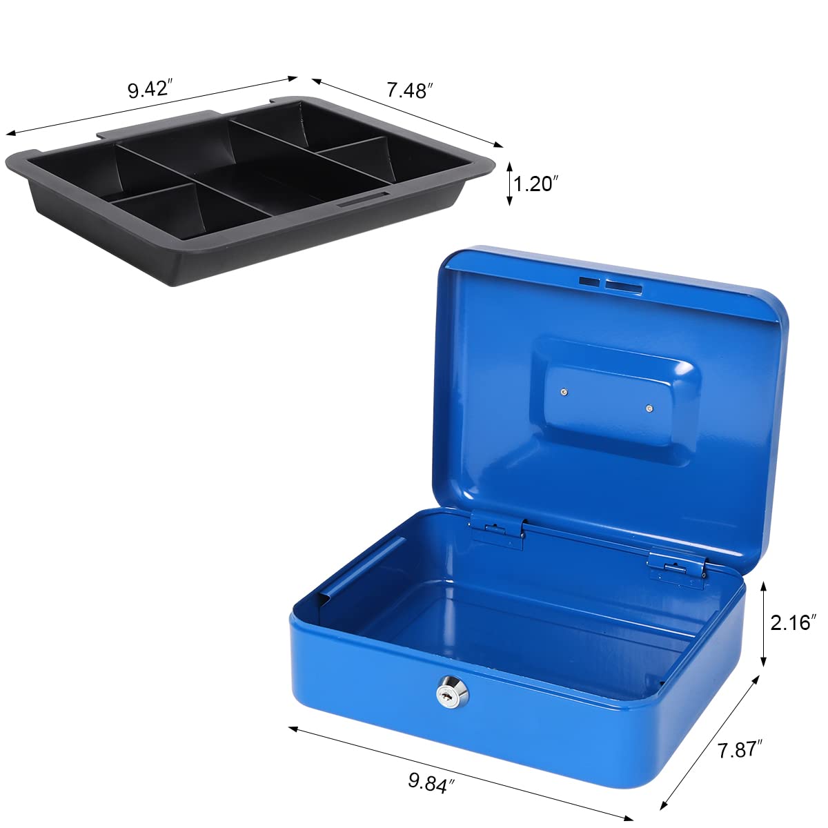 Lovndi Metal Cash Box with Money Tray & Lock - 9.84 x 7.87 x 3.54 Inches Blue Lockbox for Small Business, Home Office, Retail Store & Event Money Security