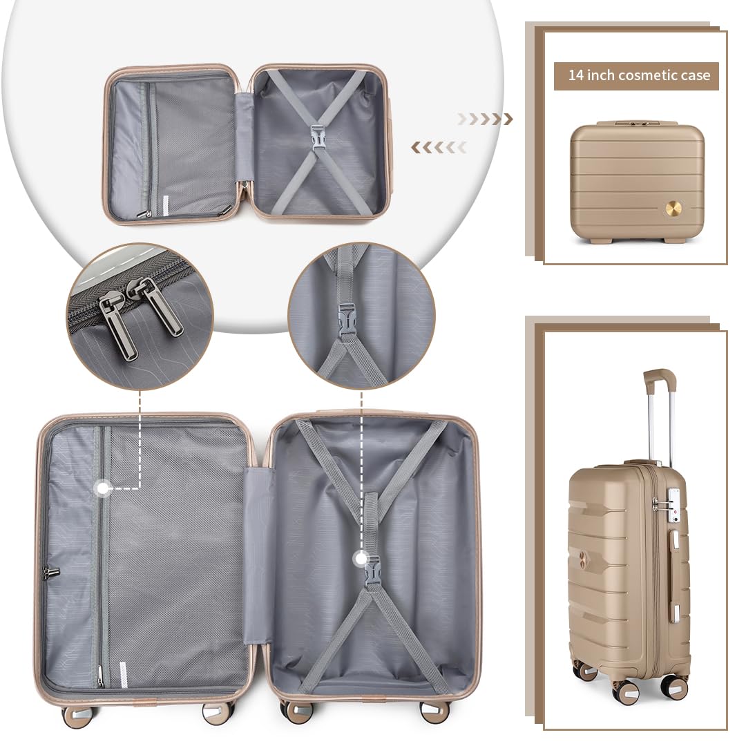 Somago 4-Piece Lightweight Hardside Luggage Set with Spinner Wheels & TSA Lock - Durable Polypropylene Suitcases for Travel, Noble Golden | Perfect for Family Vacations, Business Trips & International Travel