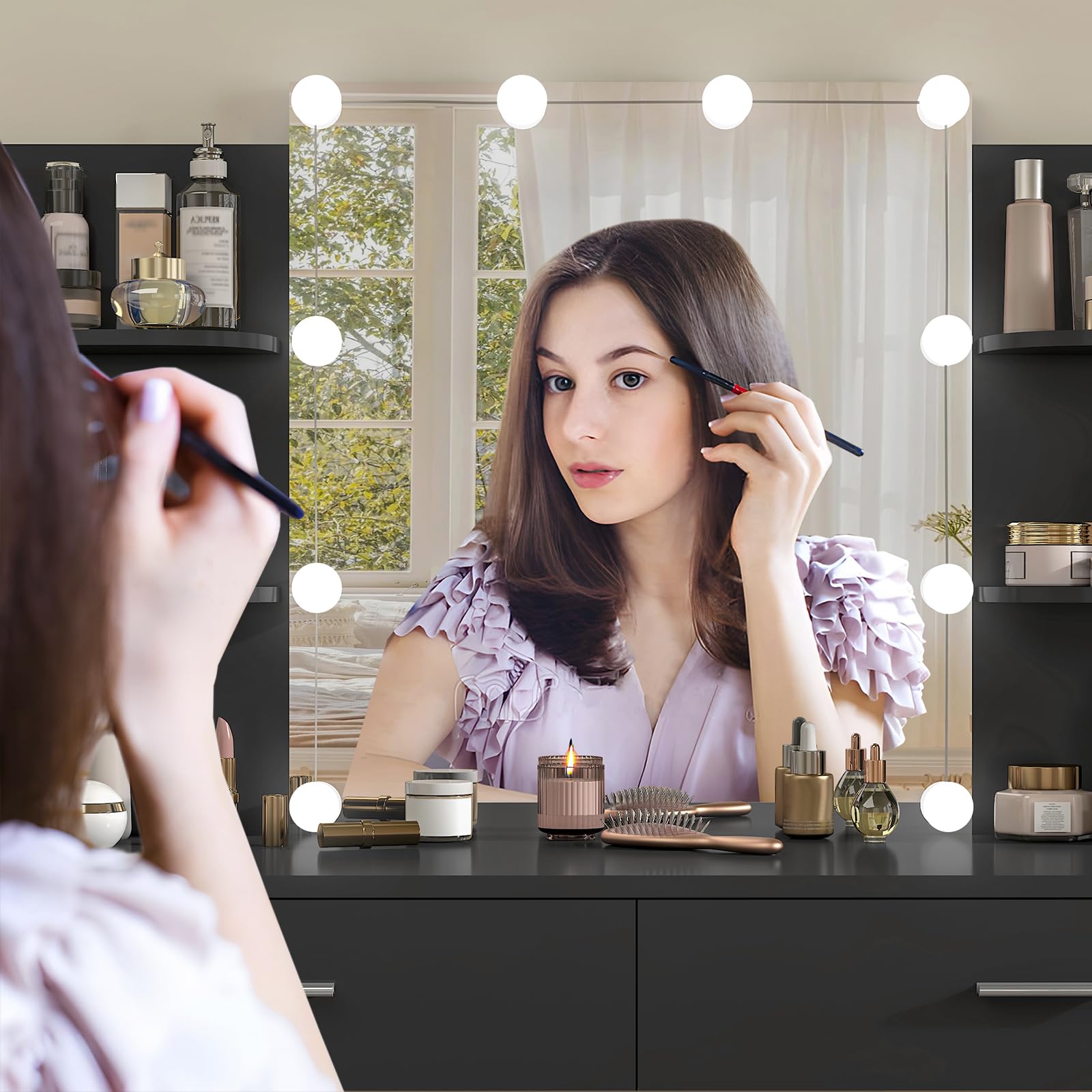 USIKEY Makeup Vanity Desk with LED Mirror & 10 Lights - Dressing Table Set with 2 Drawers, Open Shelves & Cushioned Stool (Black) - Perfect for Bedroom, Bathroom & Beauty Salon Organization