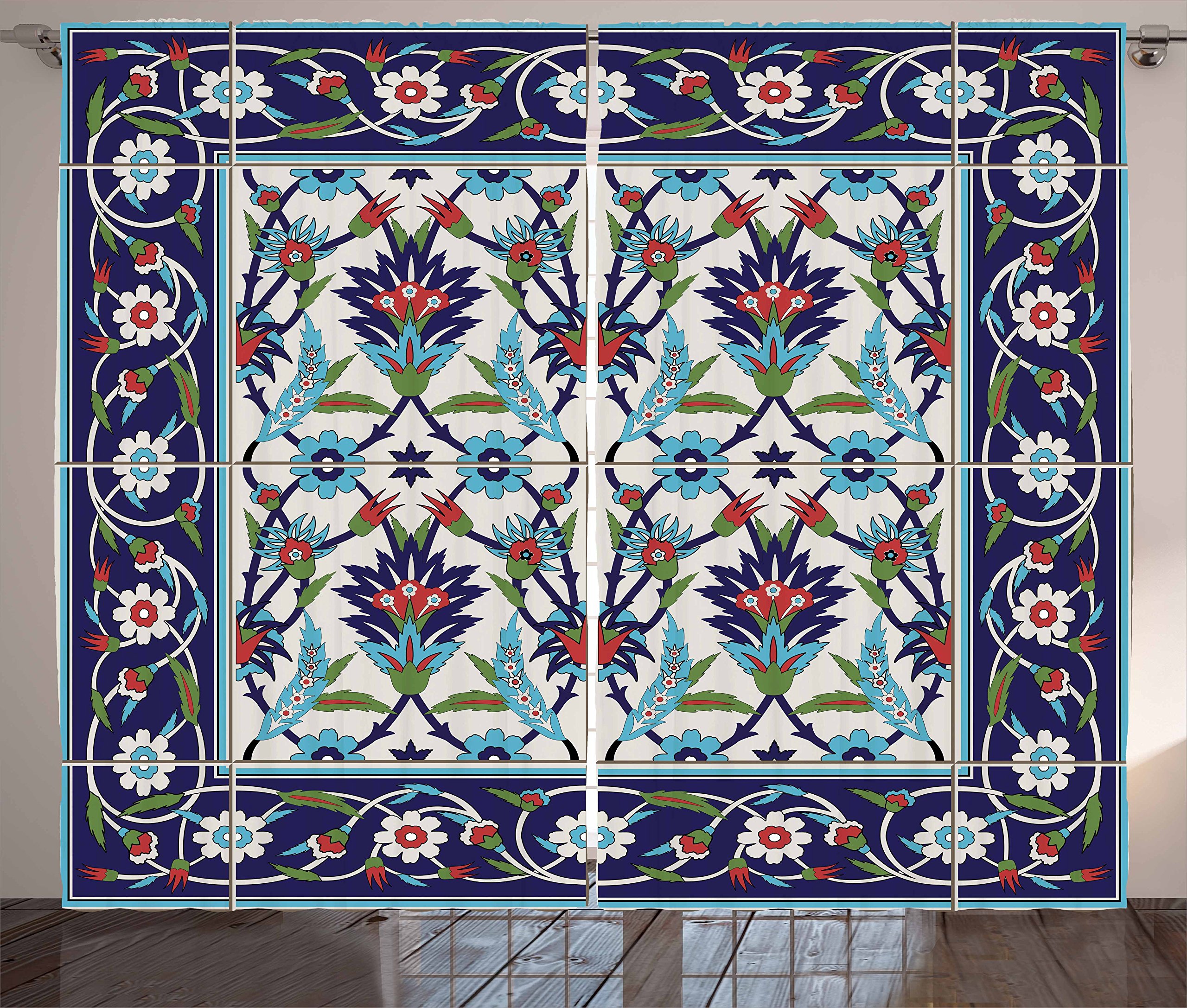 Ambesonne Turkish Pattern Curtains - Mosaic Tile Design with Nature Inspired Tulips & Daisies, 2 Panel Window Drapes 108