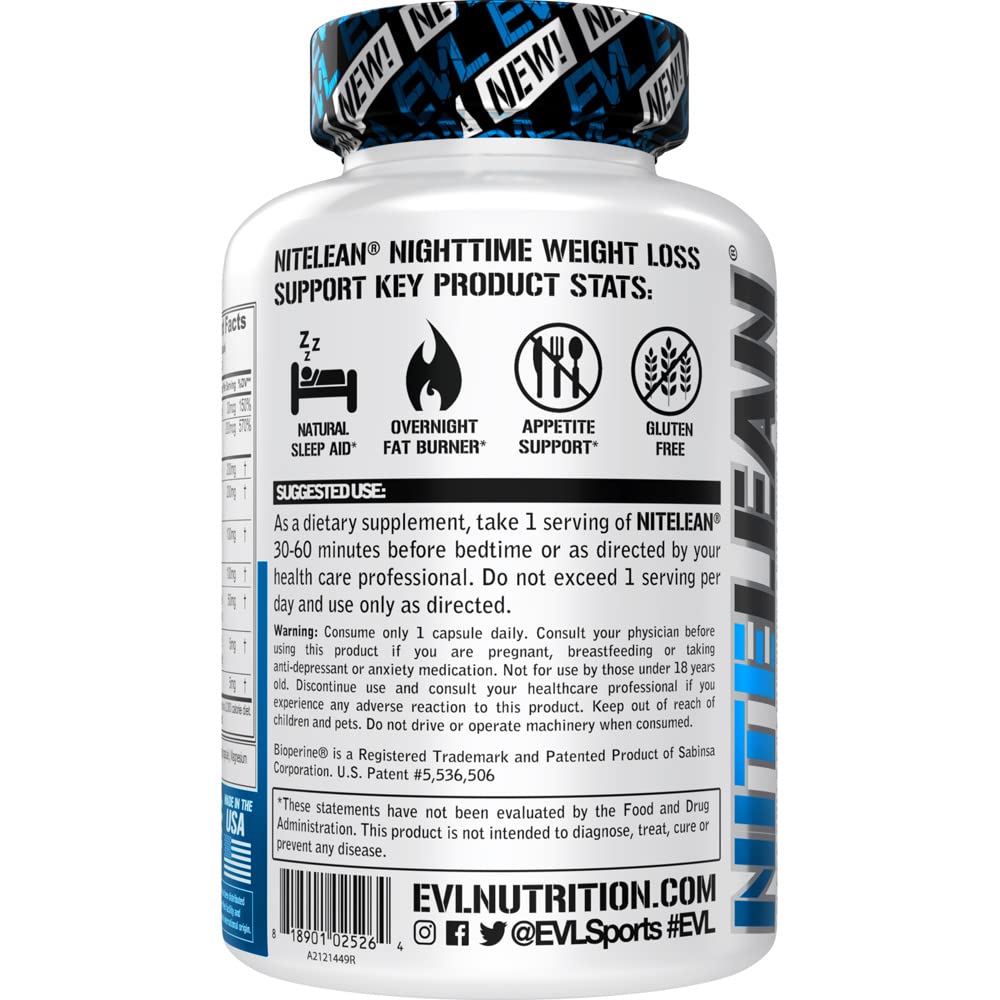 EVLution NiteLean Night Time Fat Burner & Appetite Suppressant - Natural Weight Loss Pills with Metabolism Booster for Women & Men - 30 Servings Diet Supplement for Better Sleep & Fat Burning | Perfect for Nighttime Weight Management & Healthy Lifestyle
