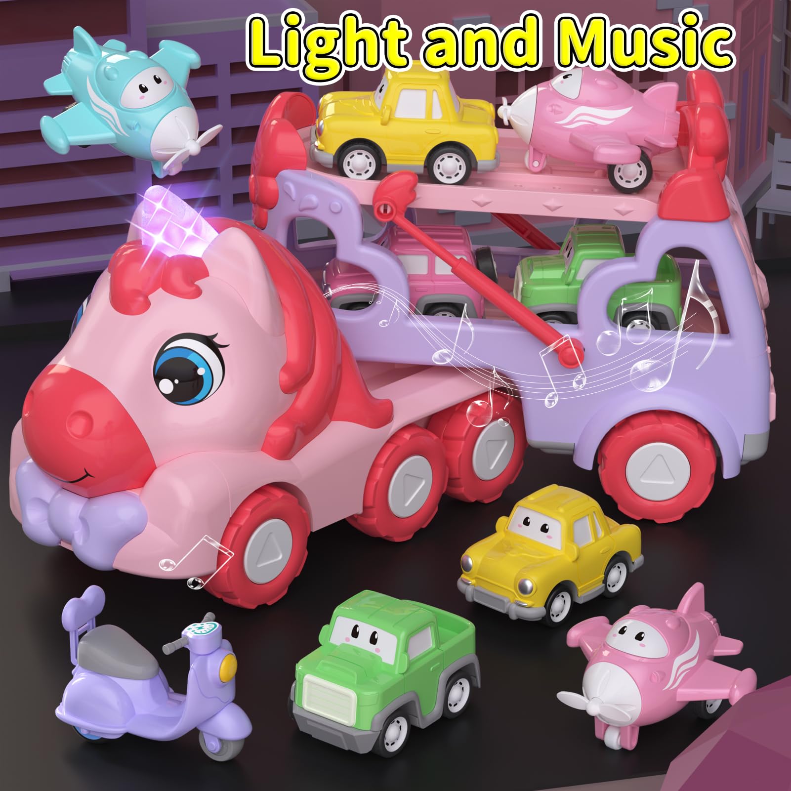Best 7-in-1 Carrier Truck Toy for 1-3 Year Old Girls - Light & Sound Toy Cars with Music | Toddler Learning Toys for Girls Age 1-2-3 | Perfect Birthday, Christmas & Easter Gift for Toddlers | Great for Pretend Play, Early Learning & Indoor Fun