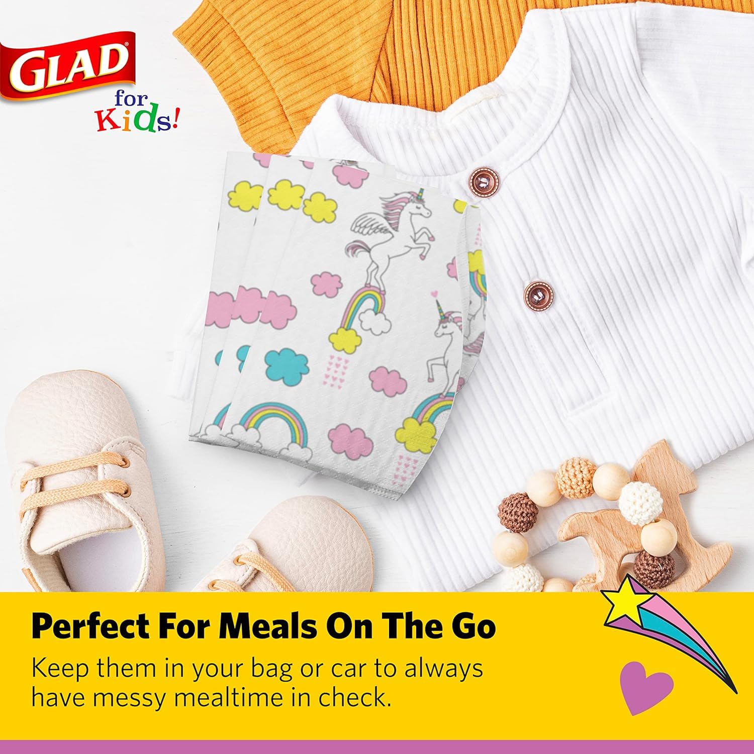 Glad for Kids Unicorns Disposable Bibs - 24 Pack Cute Unicorn Design Baby Feeding Bibs for Toddlers, Mess-Free Mealtime & On-the-Go Convenience