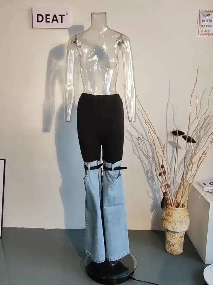 DEAT Fashion Women's High Waist Straight Leg Jeans with PU Leather Patchwork & Buckle Details - Trendy Streetwear Denim Pants for Spring 2023 | Perfect for Casual Outings, Parties and Everyday Wear