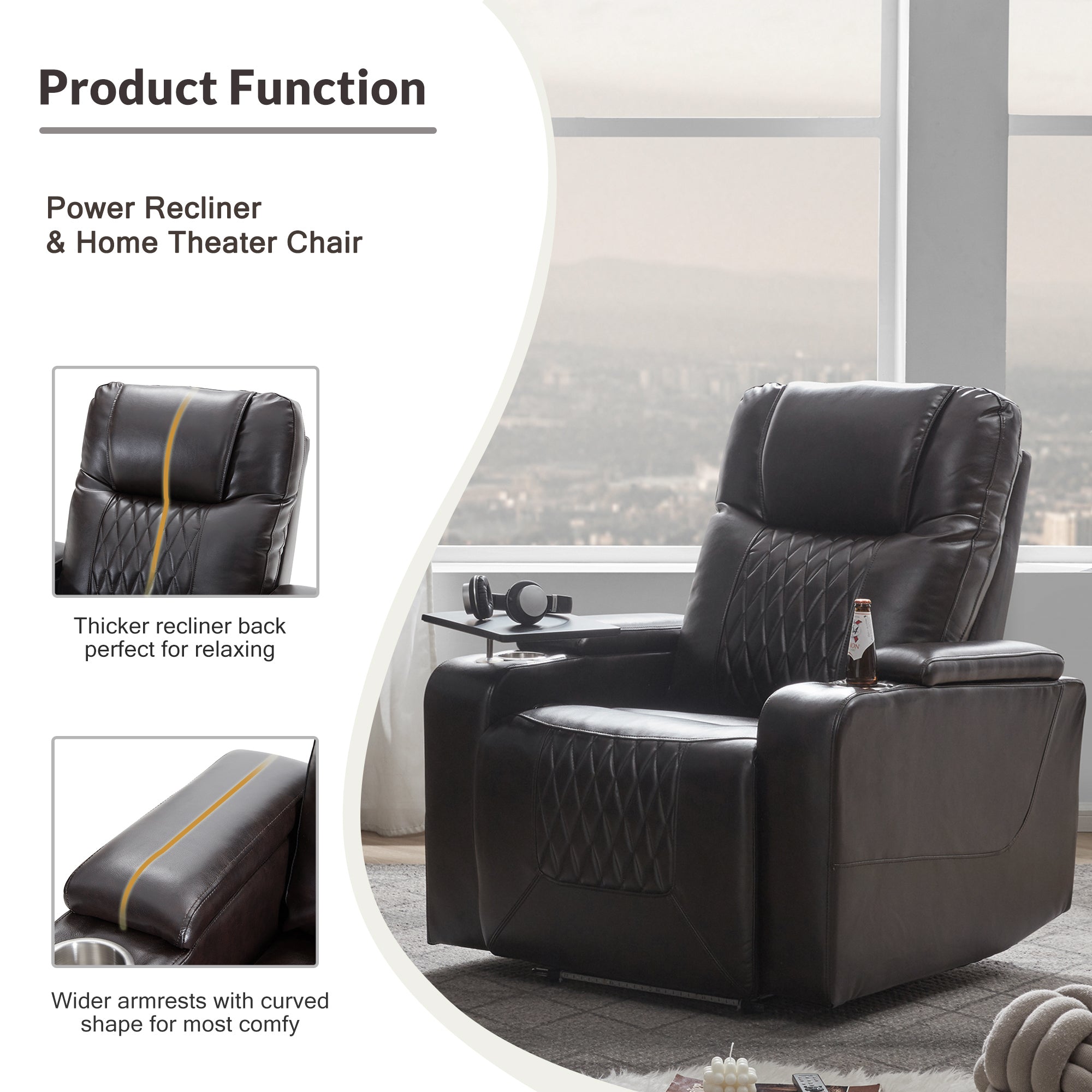Power Motion Recliner Chair with USB Charging Port, Hidden Arm Storage, 2 Cup Holders & 360° Swivel Tray Table - Black - Perfect for Living Room, Home Theater & Office Relaxation