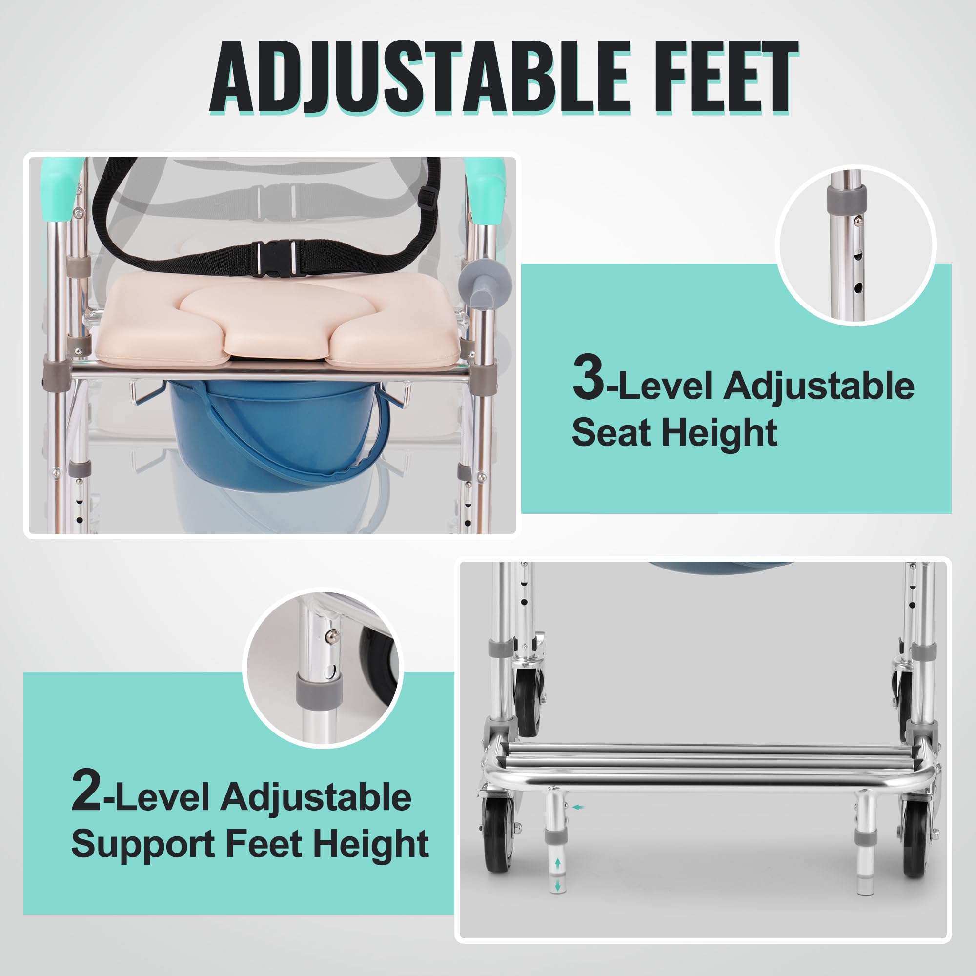 Rengue 3-in-1 Rolling Shower Chair with Wheels - Adjustable Transport Commode with Padded Seat & Detachable Bucket - 330lbs Weight Capacity - Ideal for Elderly Care, Post-Surgery Recovery & Bathroom Safety