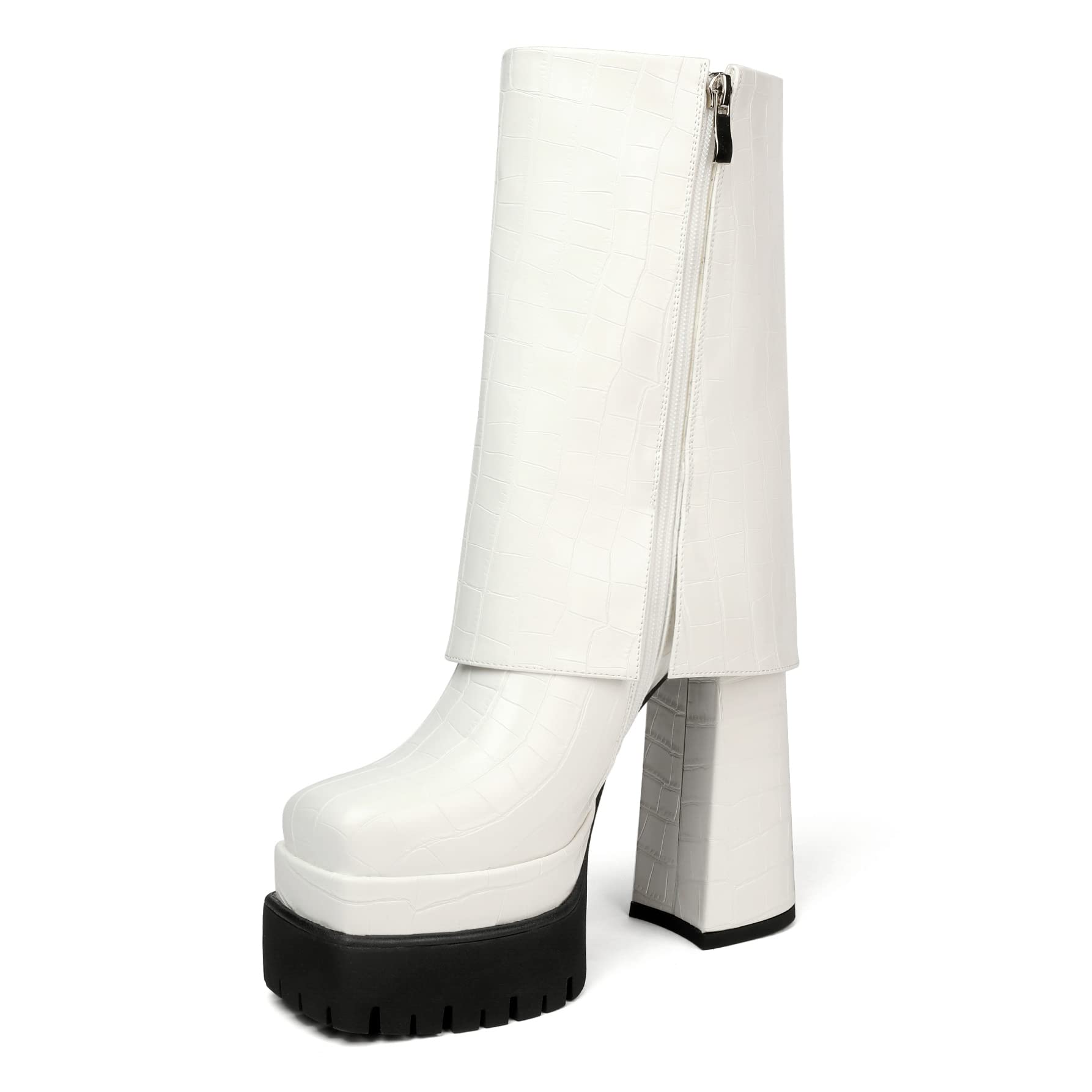 Eldof Women's Platform Boots - Chunky High Heels Square Toe Side Zipper Booties for Women | Fashion Winter Boots for Casual Outfits, Parties & Night Out
