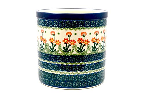 Handmade Polish Pottery Utensil Holder - Peach Spring Daisy Design - Perfect for Kitchen Organization & Farmhouse Decor