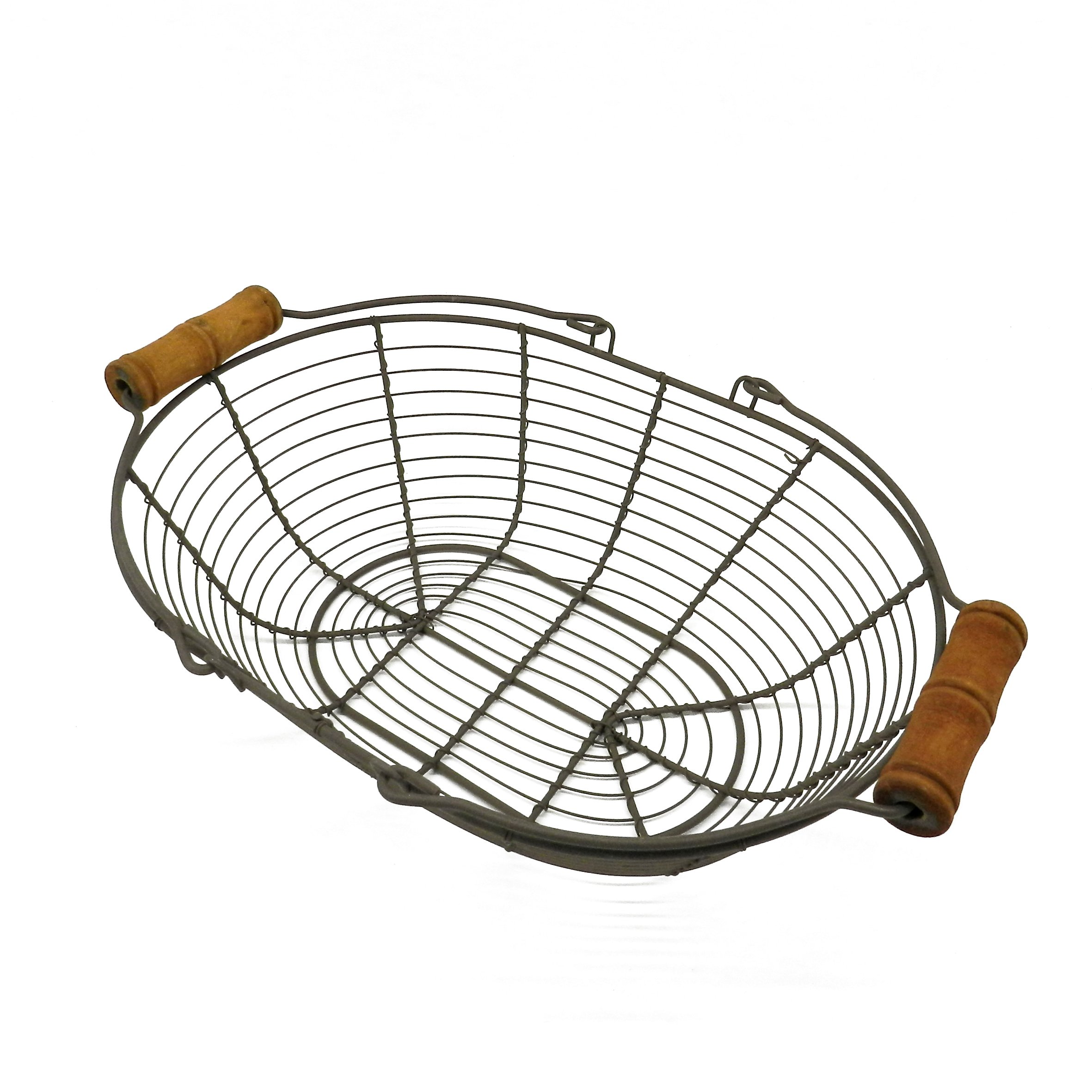 Vintage Oval Metal Wire Egg Basket with Wooden Handle - Rustic Country Style Storage Basket (13 x 9 x 3.5 Inch) - Perfect for Farmhouse Decor, Kitchen Organizer, or Easter Egg Display